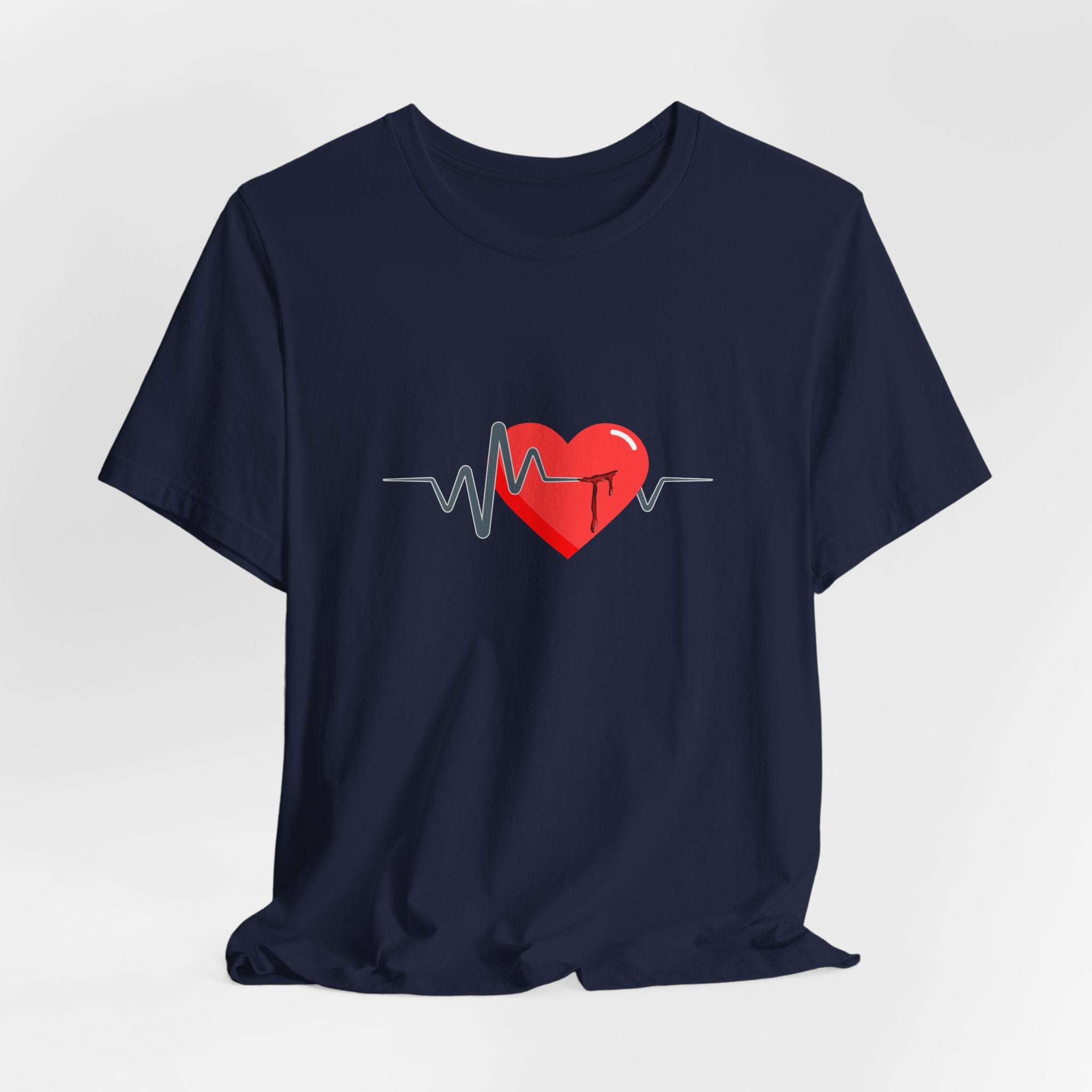 Navy blue t-shirt with a red heart and heartbeat line design on a white background