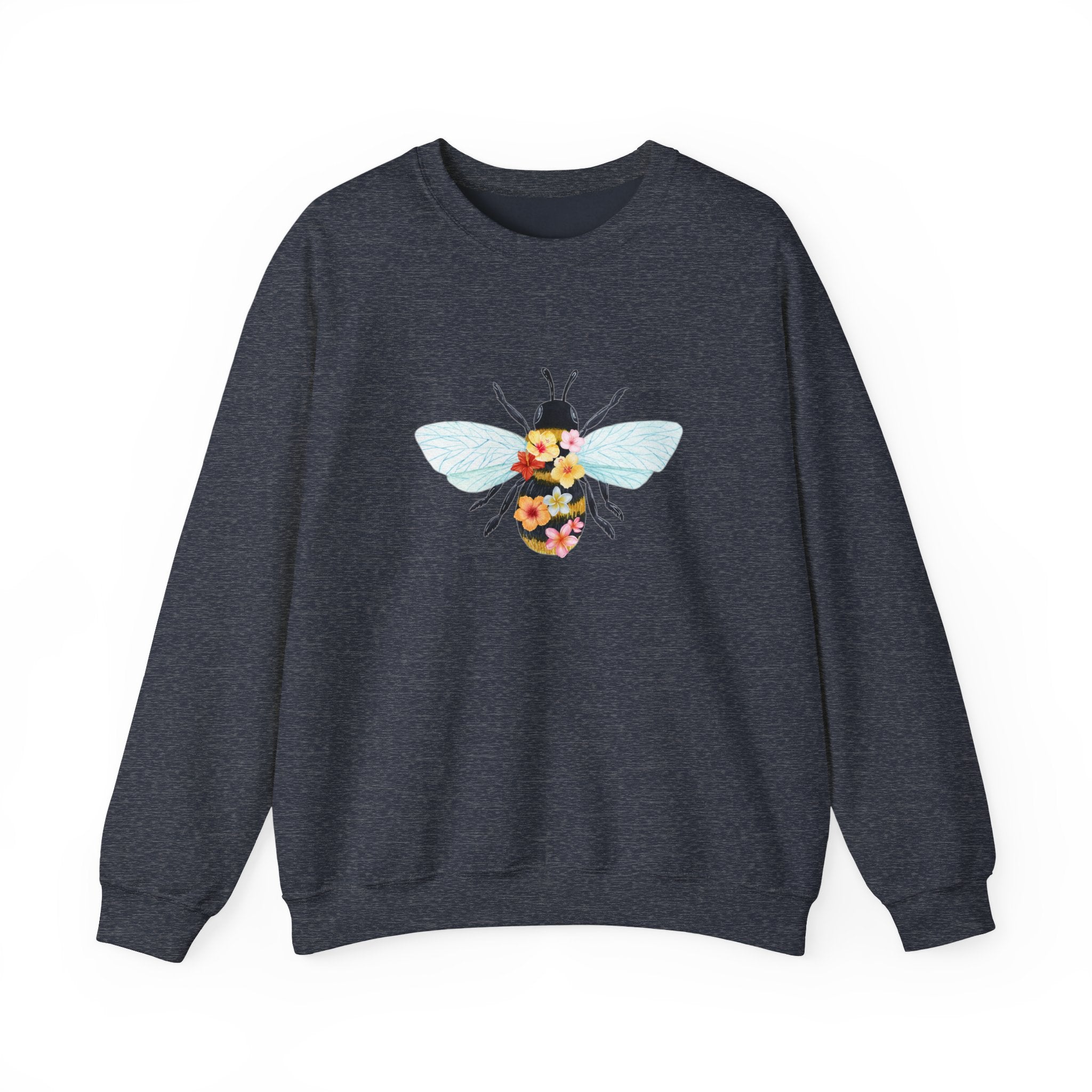 Dark gray sweatshirt with a colorful bee design on a white background