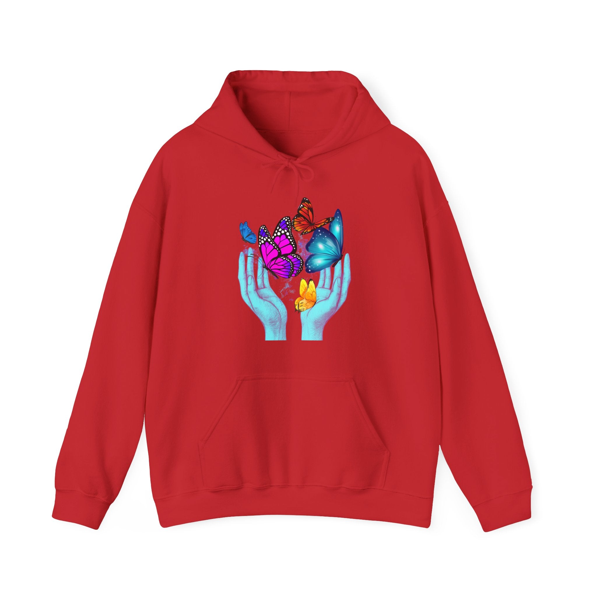 Red hoodie with a graphic of hands holding flowers and butterflies on a white background