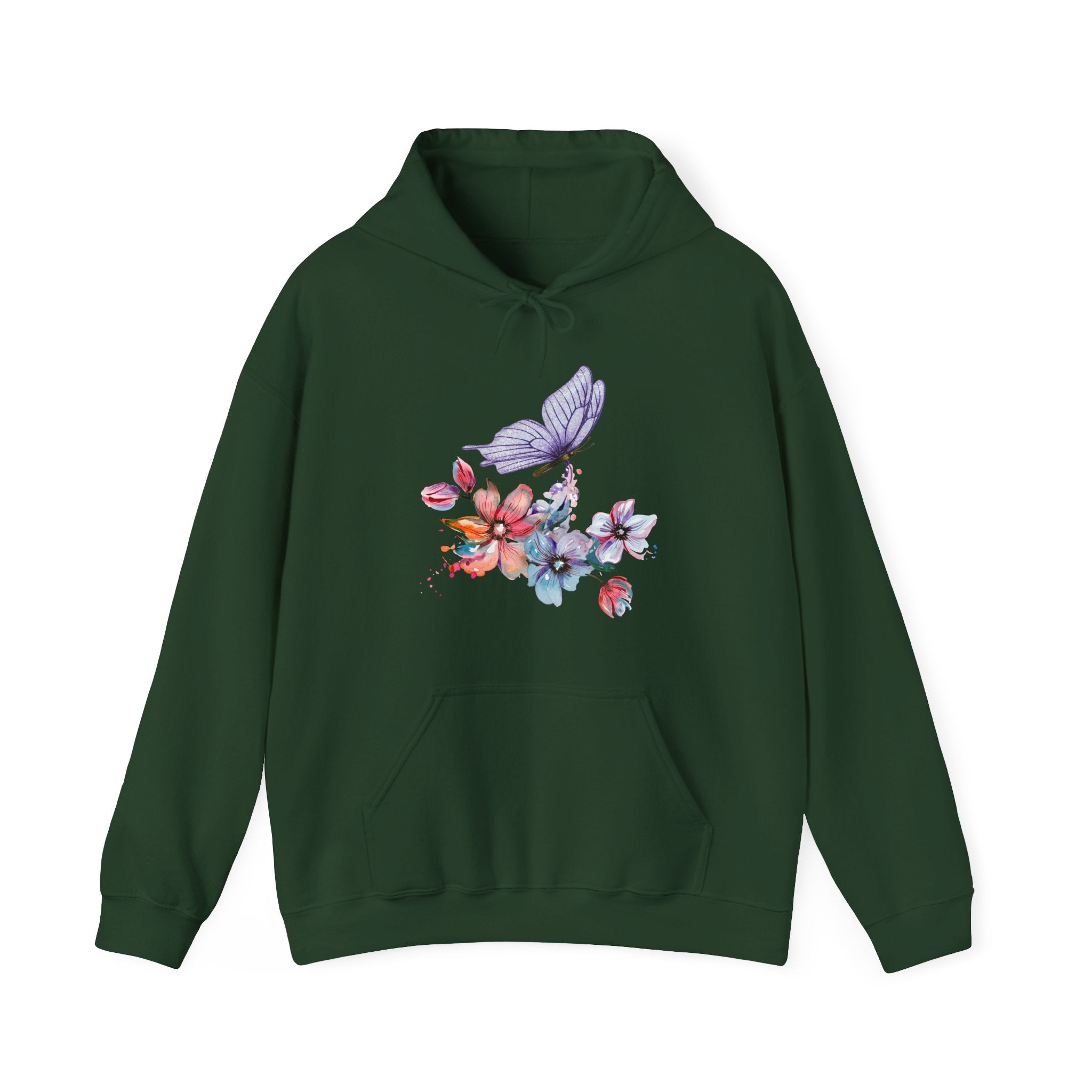 Green hoodie with floral and butterfly design on a white background