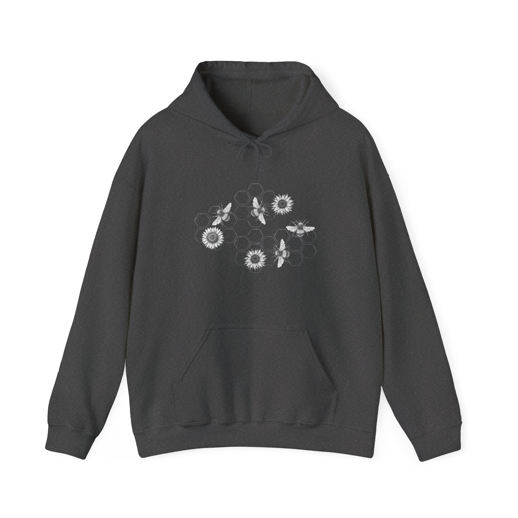 Dark navy hoodie with floral and bee design on a white background
