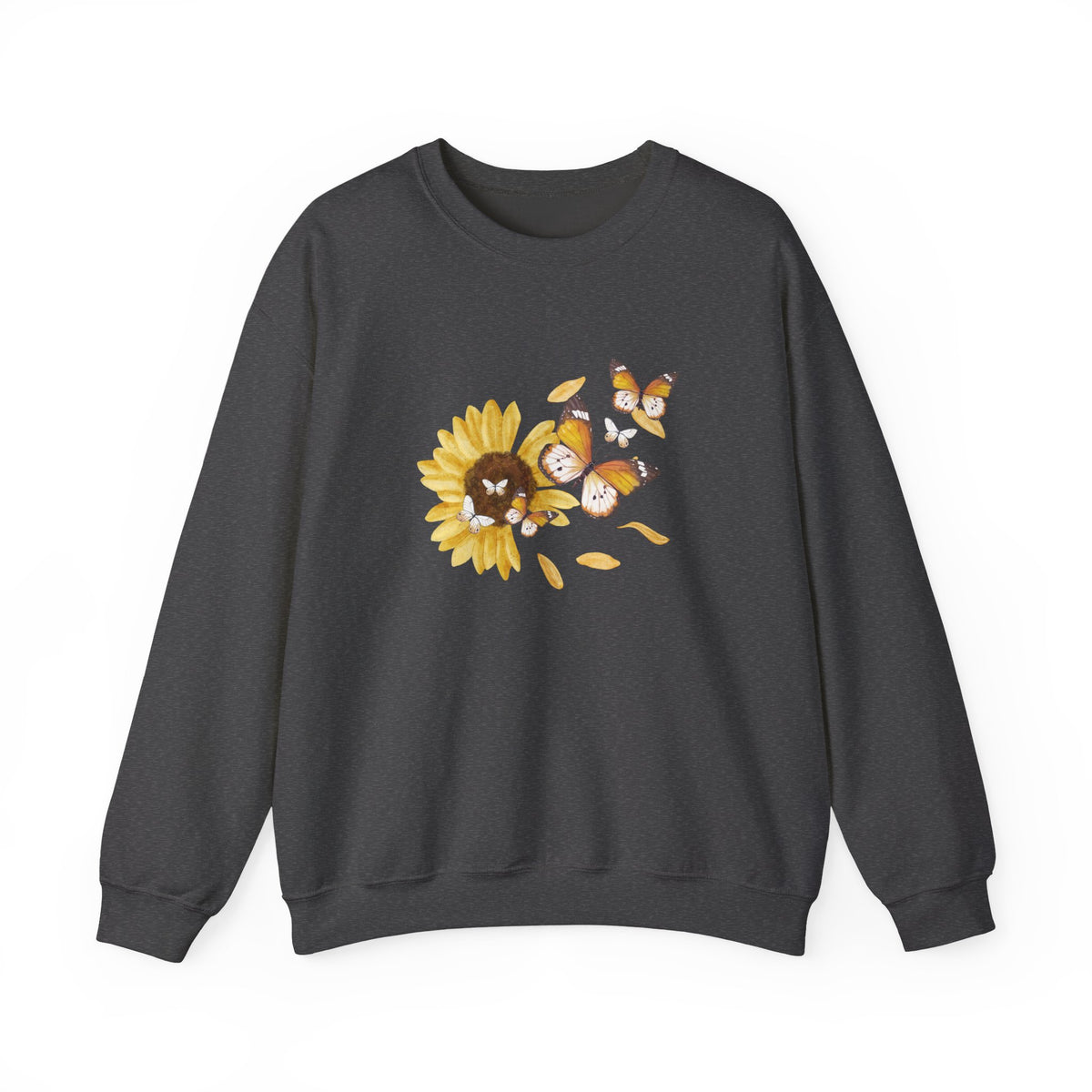 Dark gray sweatshirt with a sunflower and butterfly design on a white background