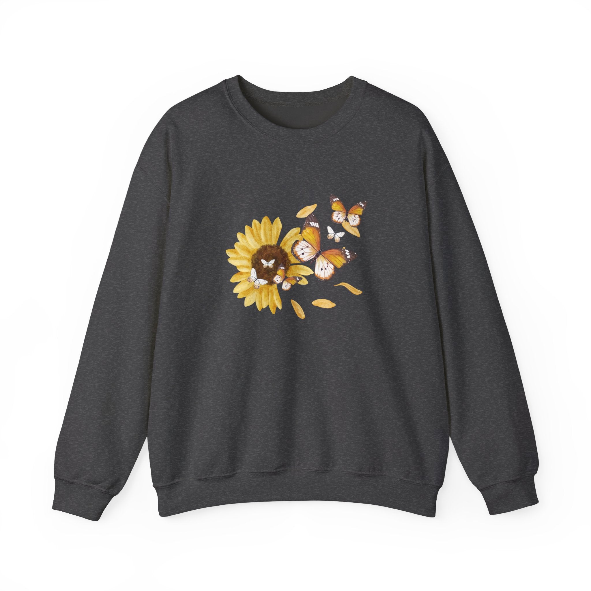 Dark gray sweatshirt with a sunflower and butterfly design on a white background