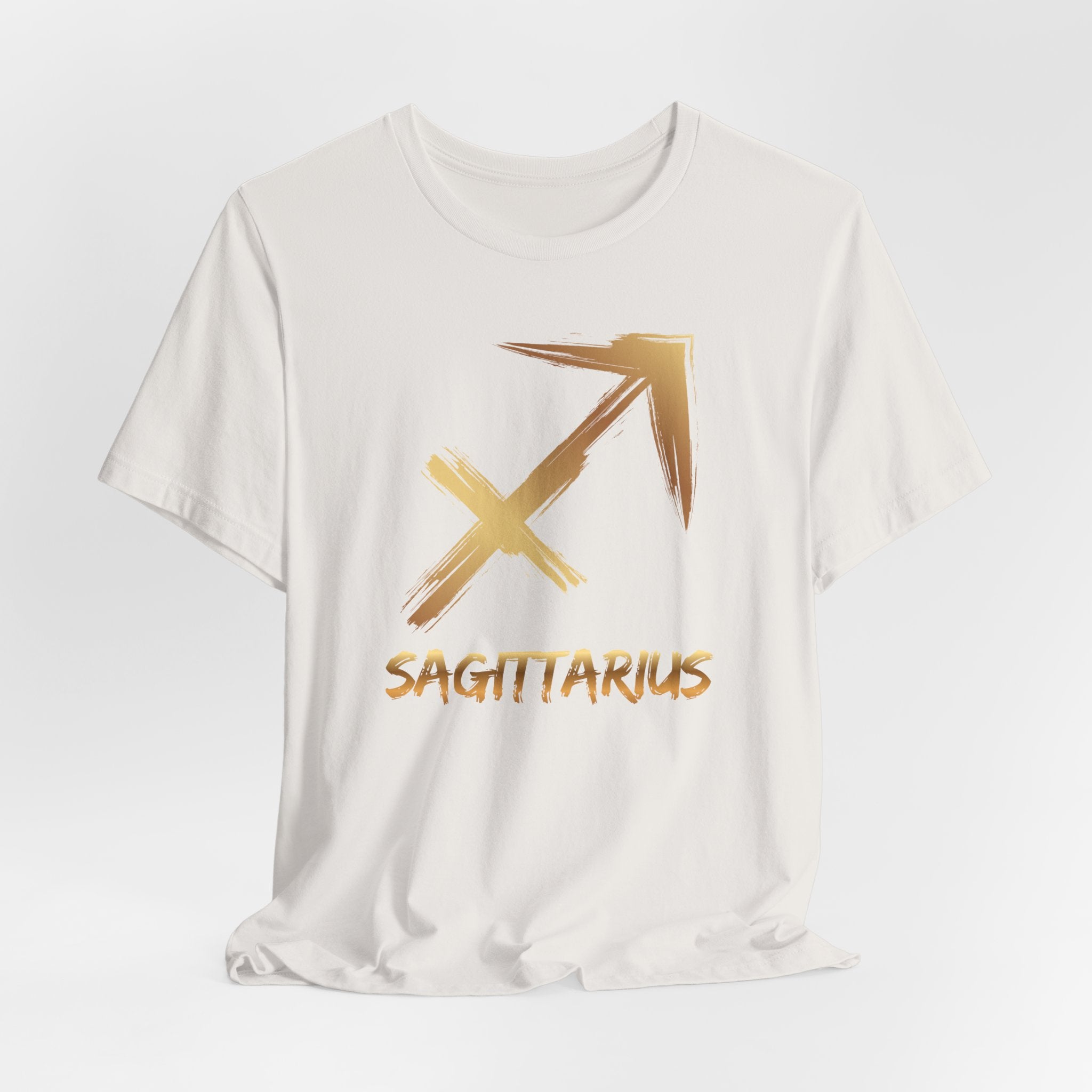 White t-shirt with gold Sagittarius zodiac symbol on a white background