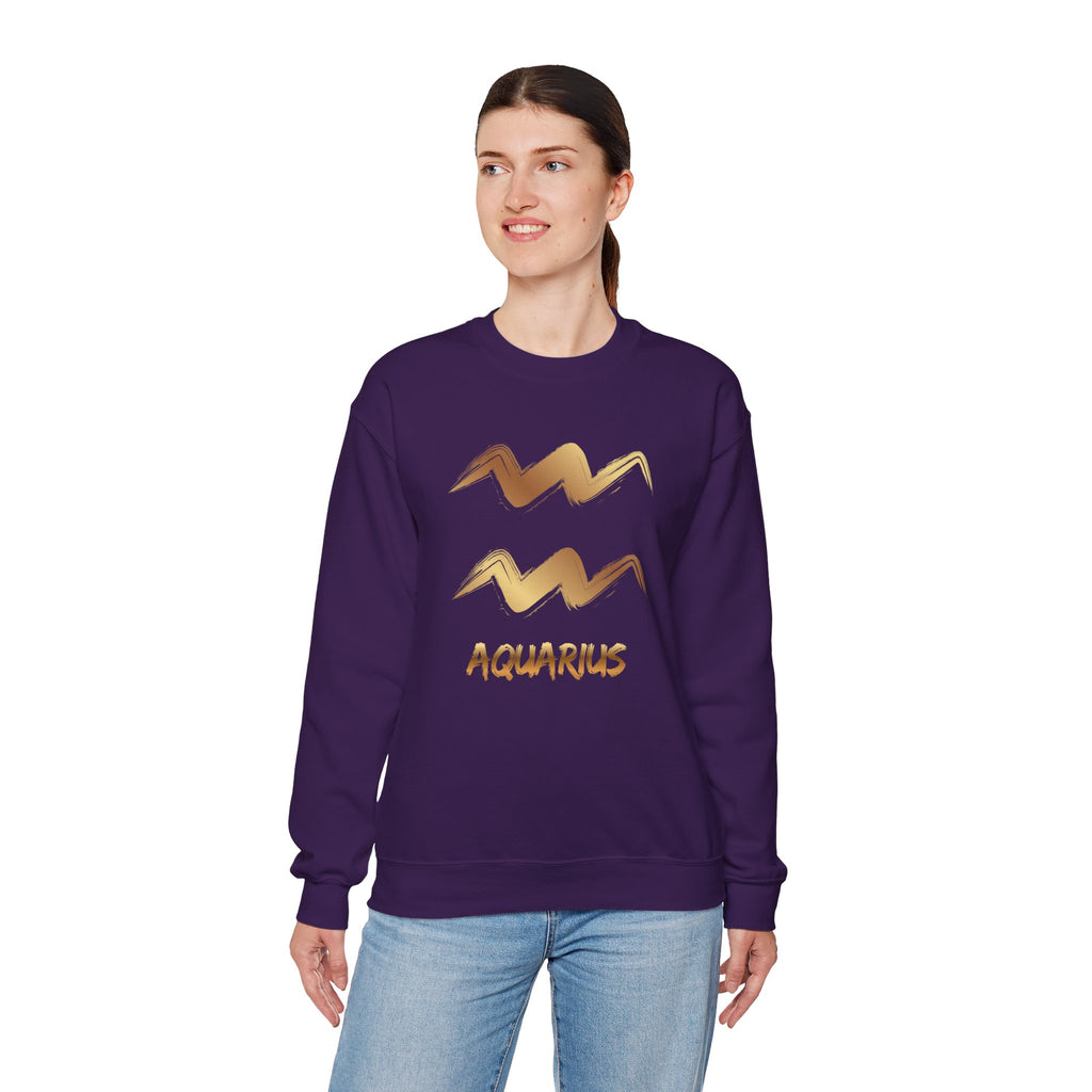 Person wearing a purple sweatshirt with Aquarius design on a white background