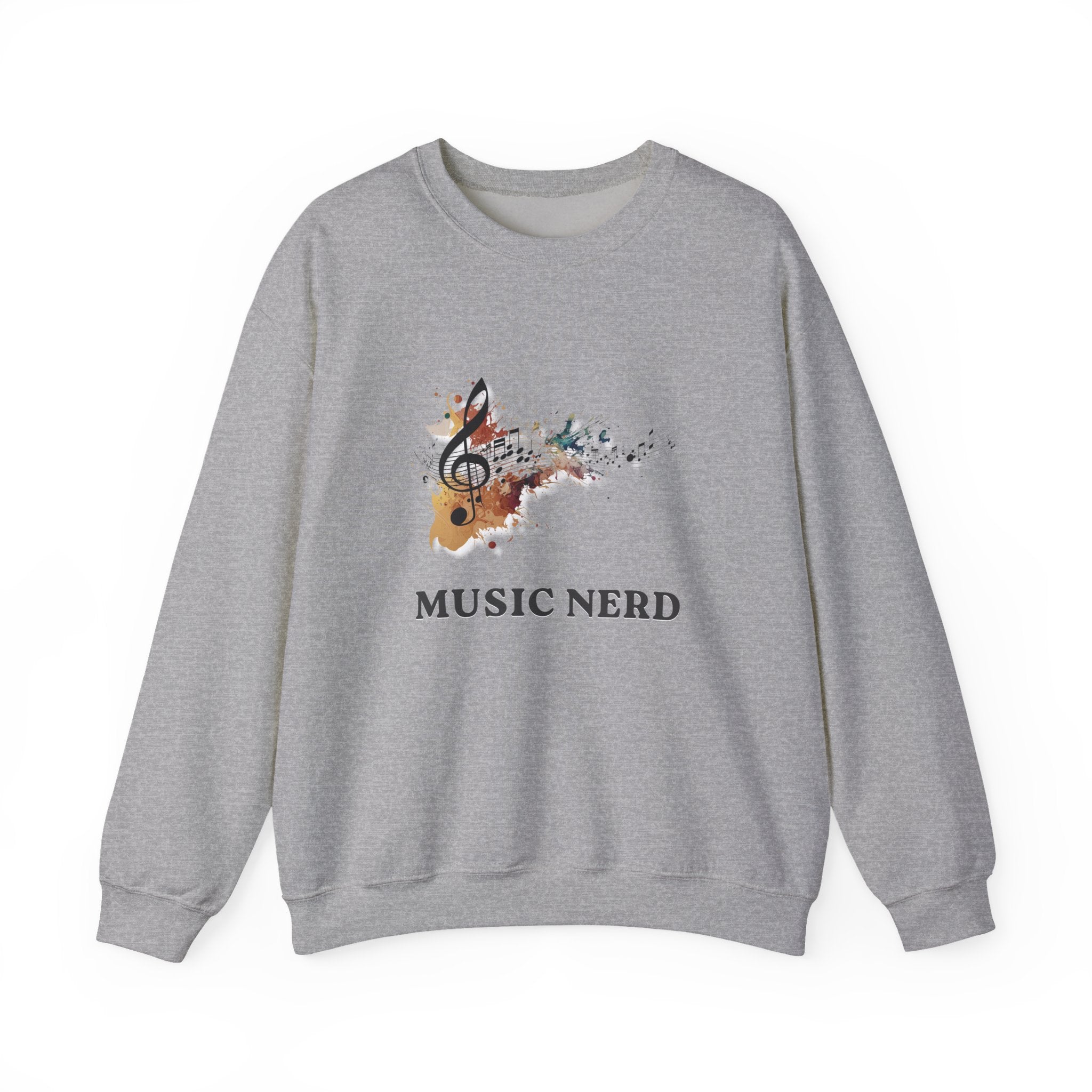 Gray sweatshirt with a graphic of a music note and 'Music Nerd' text on a white background