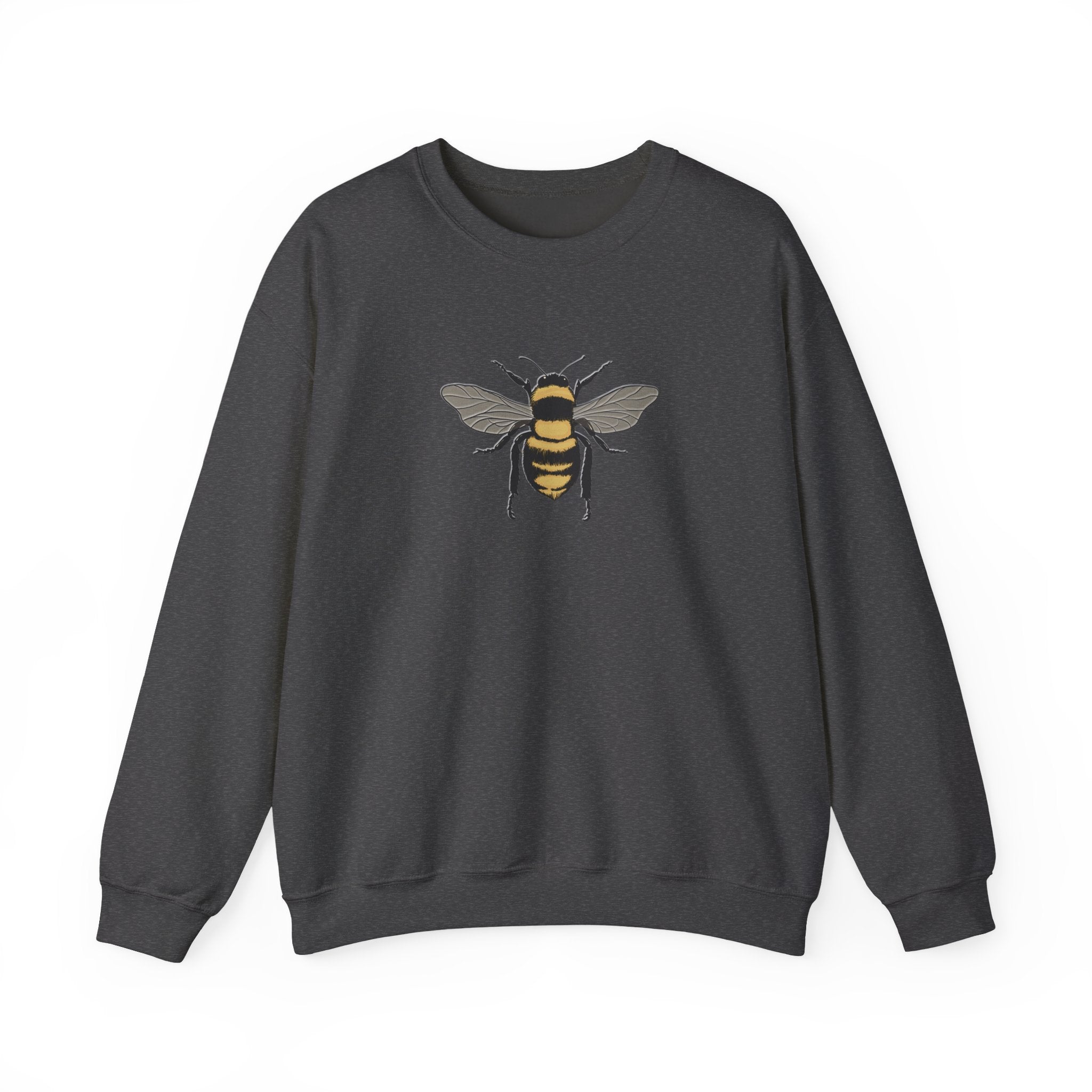Dark grey sweatshirt with bee graphic on a white background