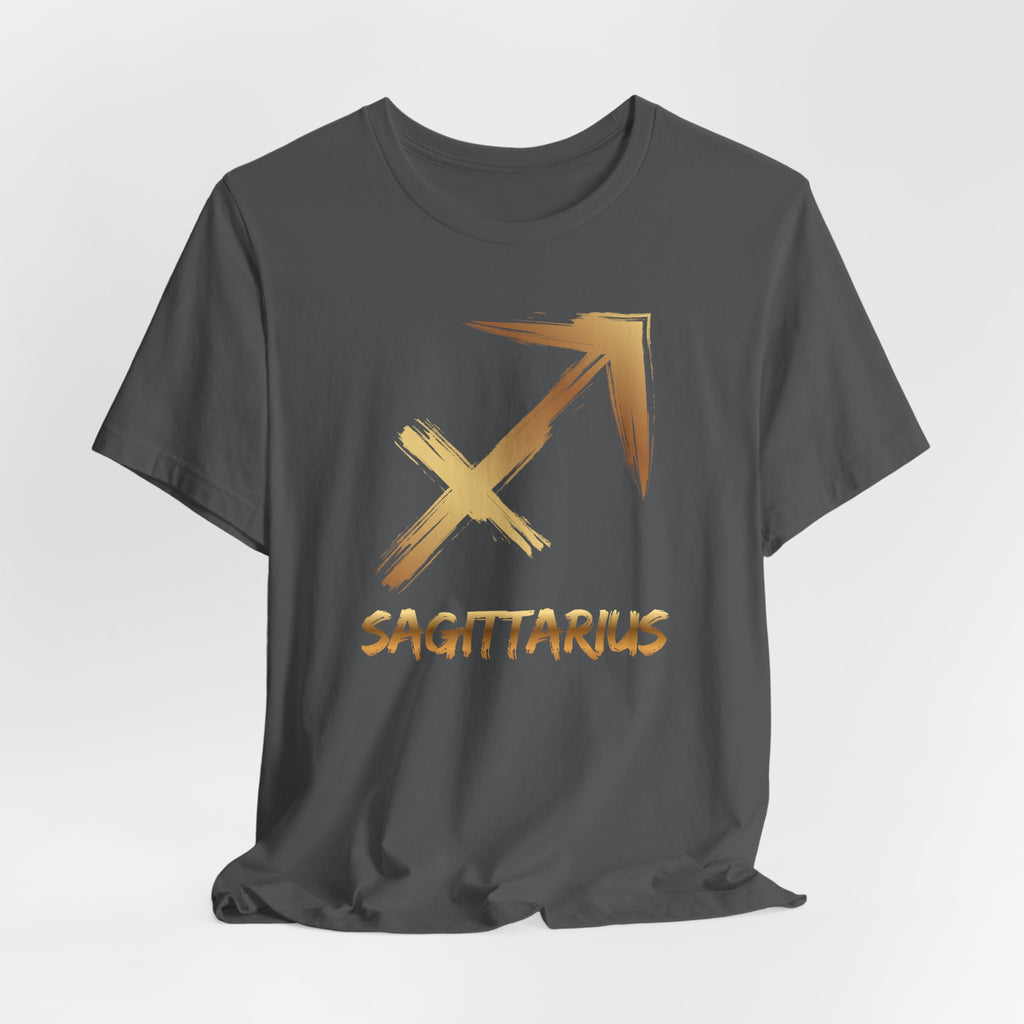 Black t-shirt with gold Sagittarius symbol and text on a white background