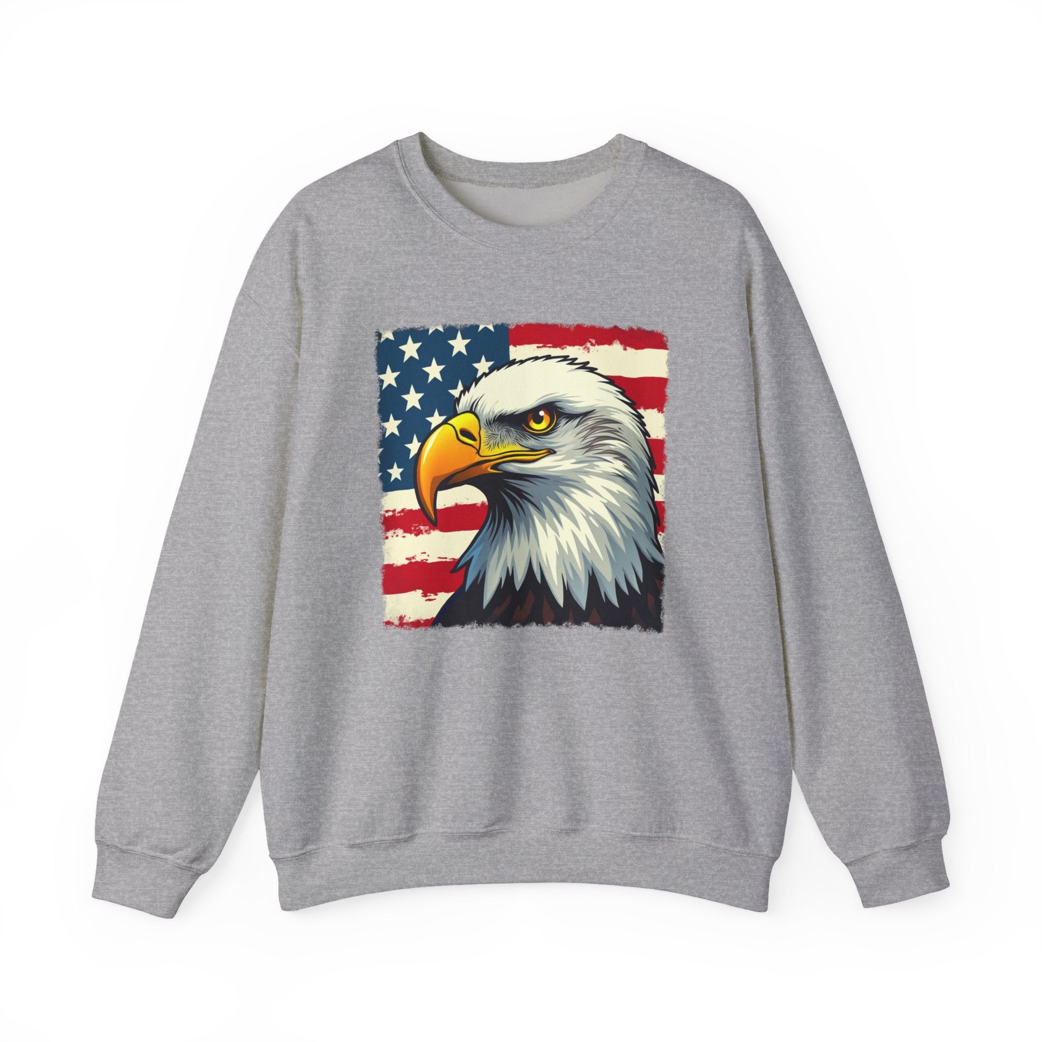 Gray sweatshirt with an eagle and American flag design on a white background