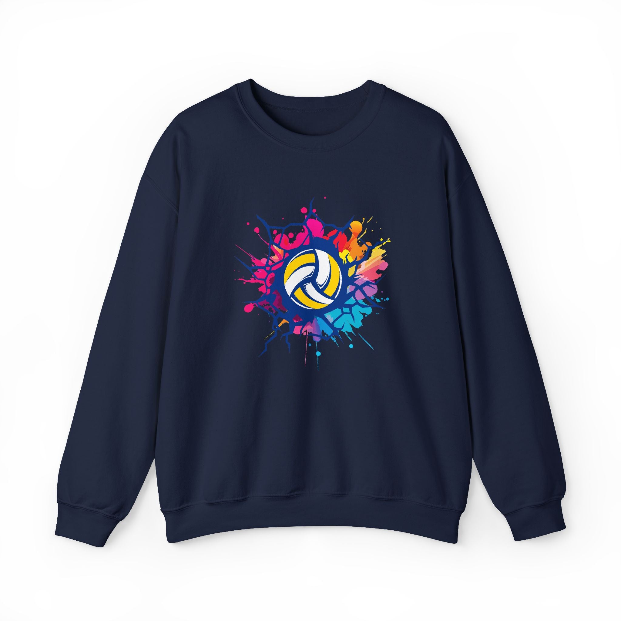 Navy blue sweatshirt with colorful volleyball design on a white background