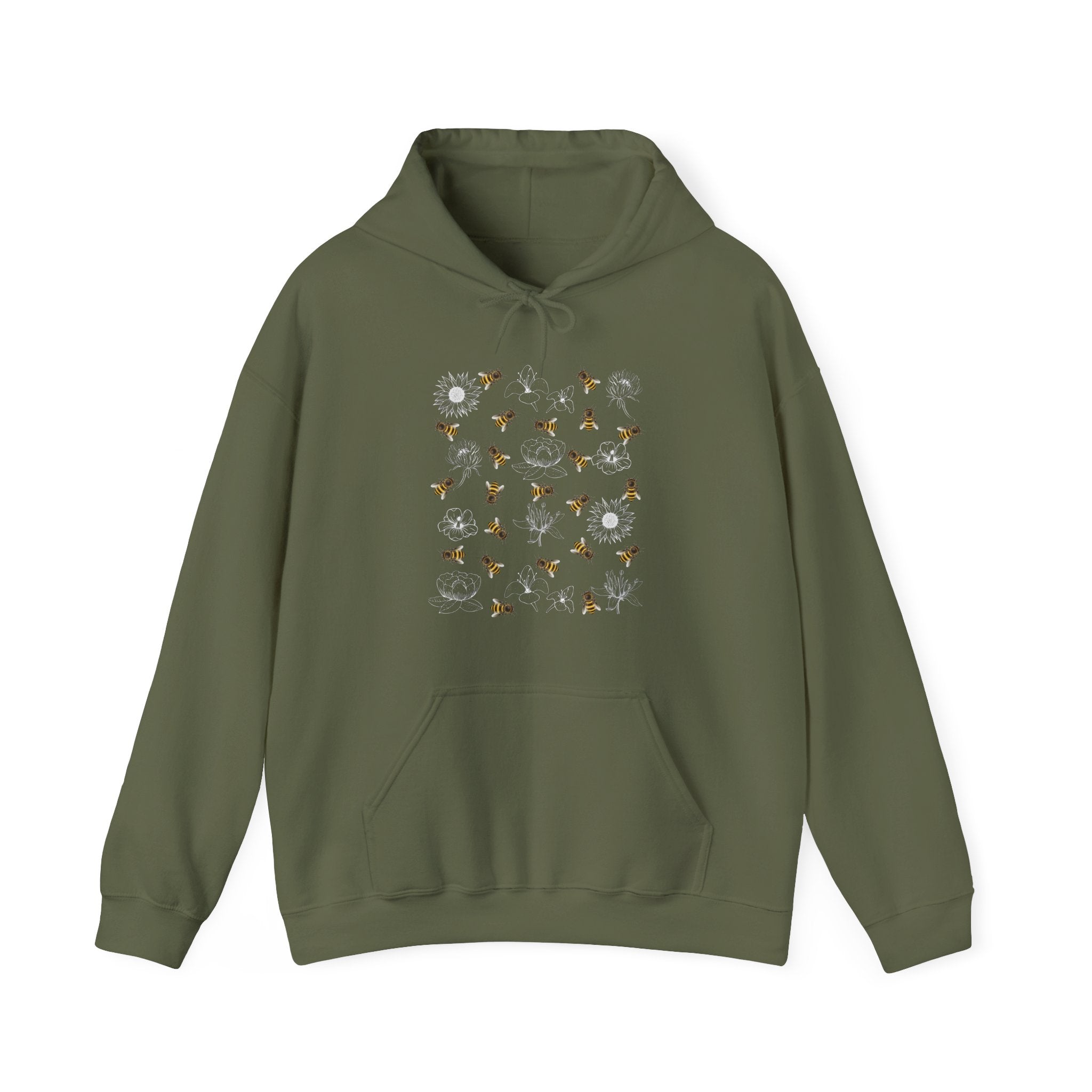 Military green hoodie with floral and bee design on a white background