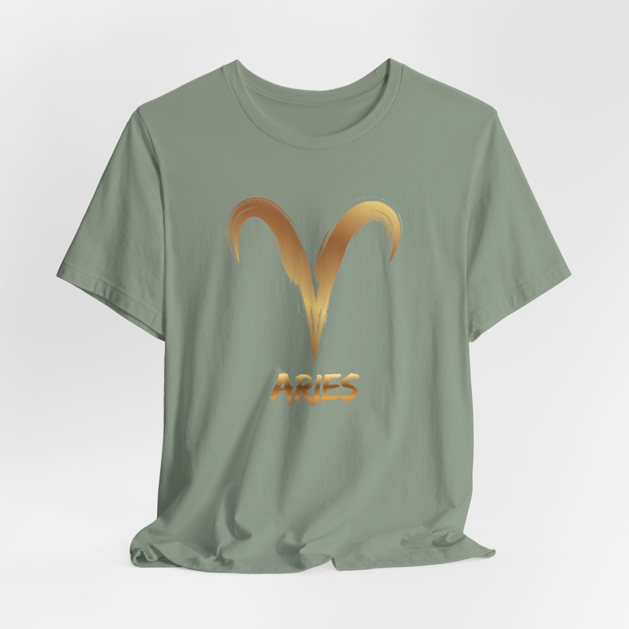 Green t-shirt with Aries symbol and text on a white background