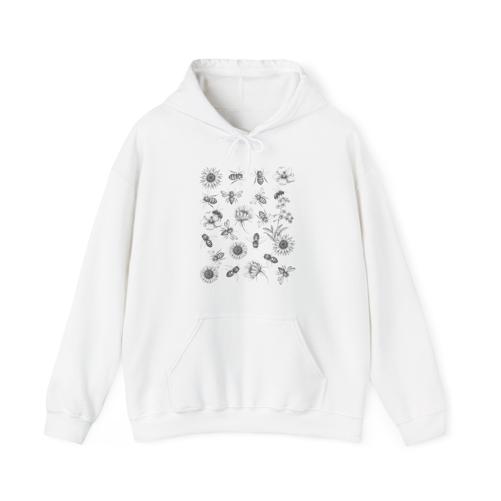 White hoodie with black floral and bee pattern on a white background