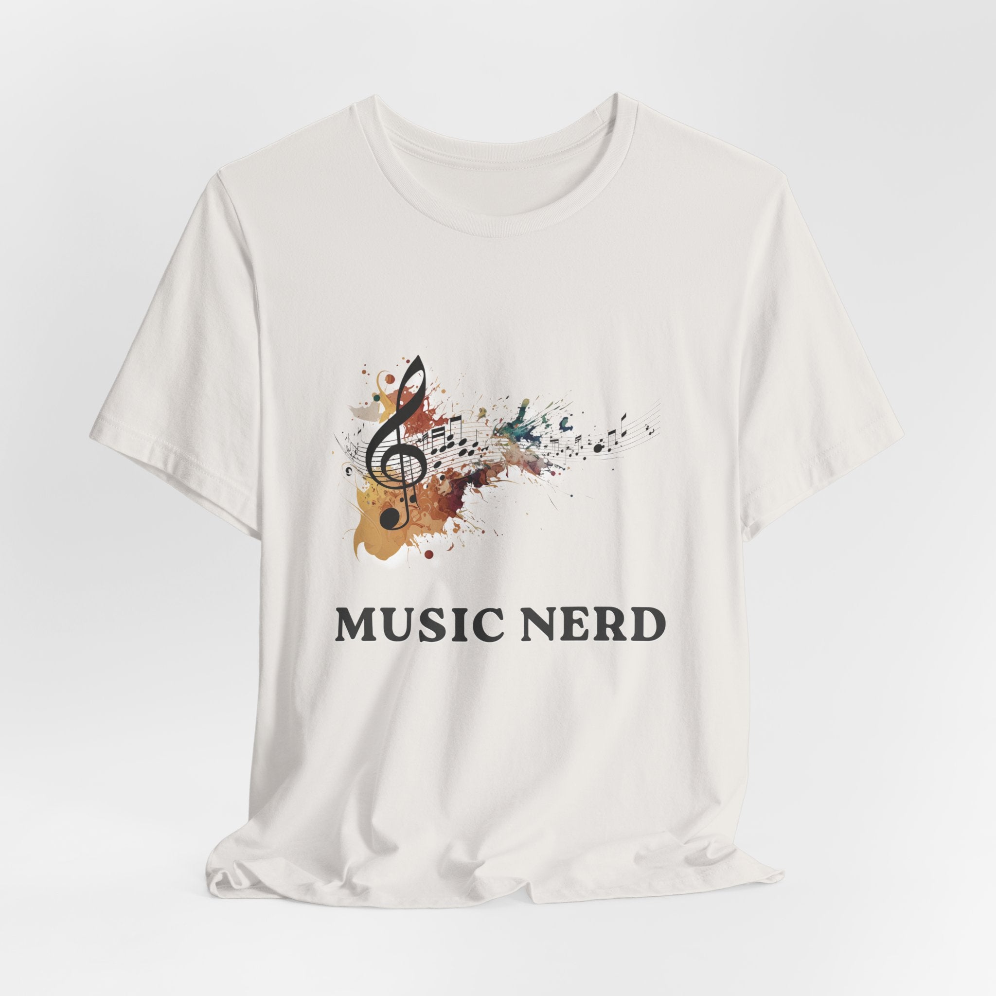 White t-shirt with 'Music Nerd' text and musical design on a white background