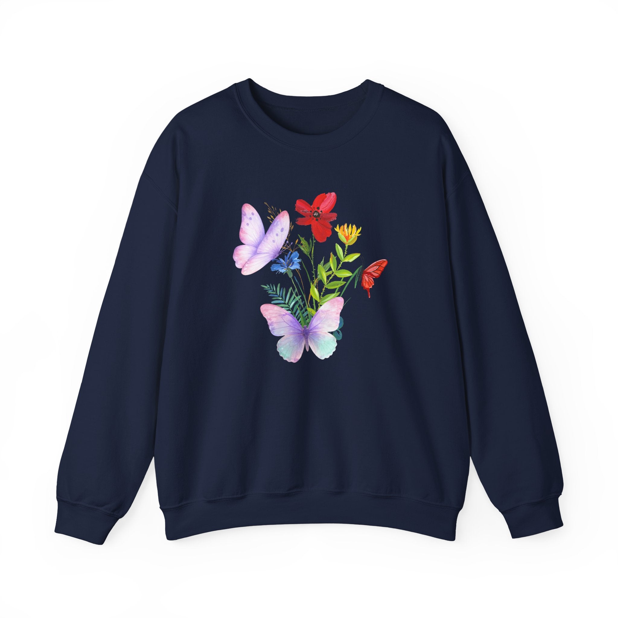 Navy blue sweatshirt with butterfly and floral design on a white background