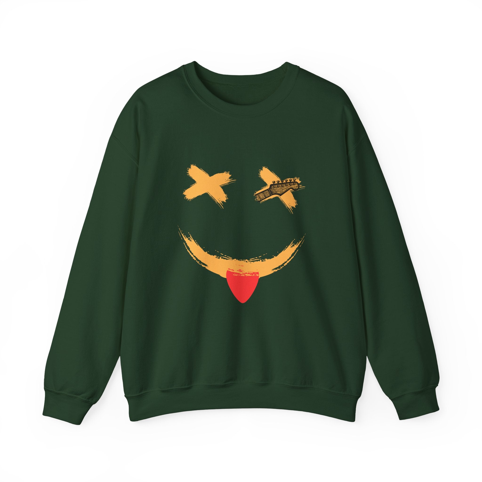 Green sweatshirt with a smiley face design on a white background