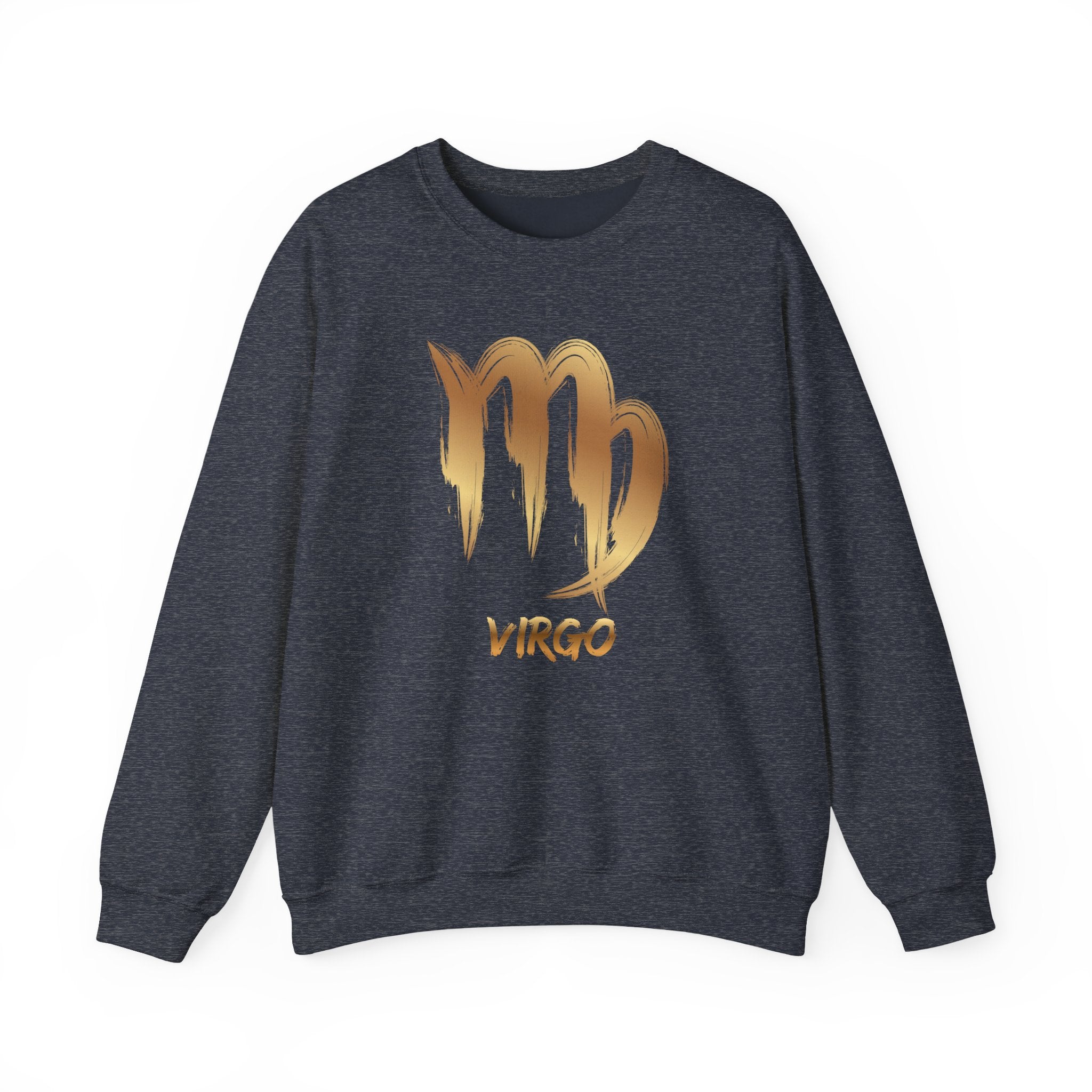 Dark navy sweatshirt with gold Virgo zodiac sign design on a white background