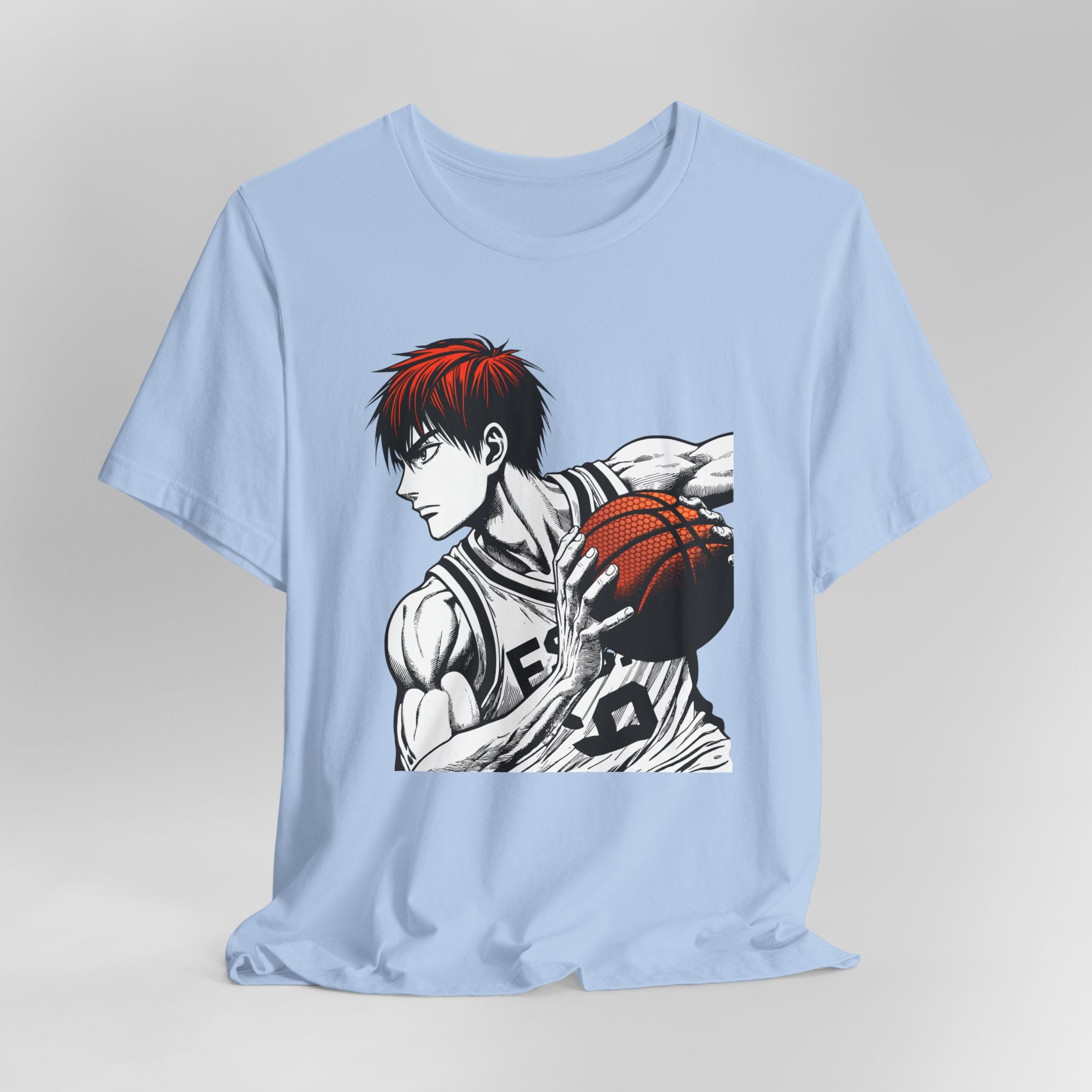 Light blue t-shirt with an anime-style graphic of a character holding a basketball on a gray background