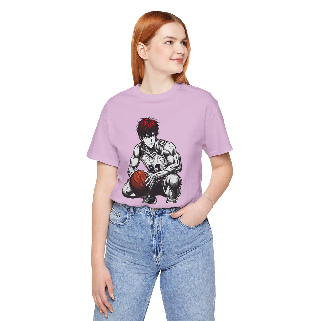 Person wearing a purple t-shirt with a graphic design on a white background