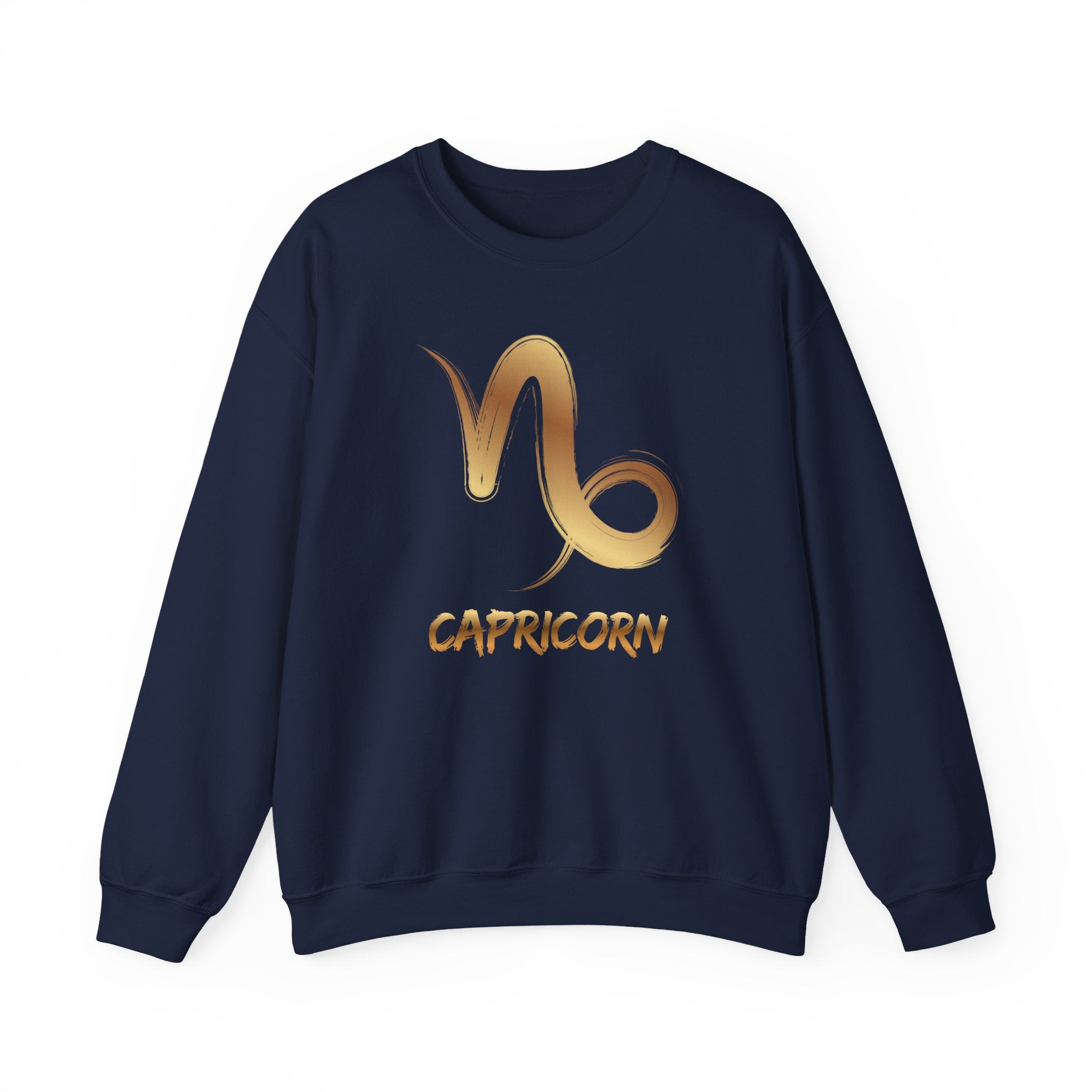 Navy blue sweatshirt with gold Capricorn symbol and text on a white background
