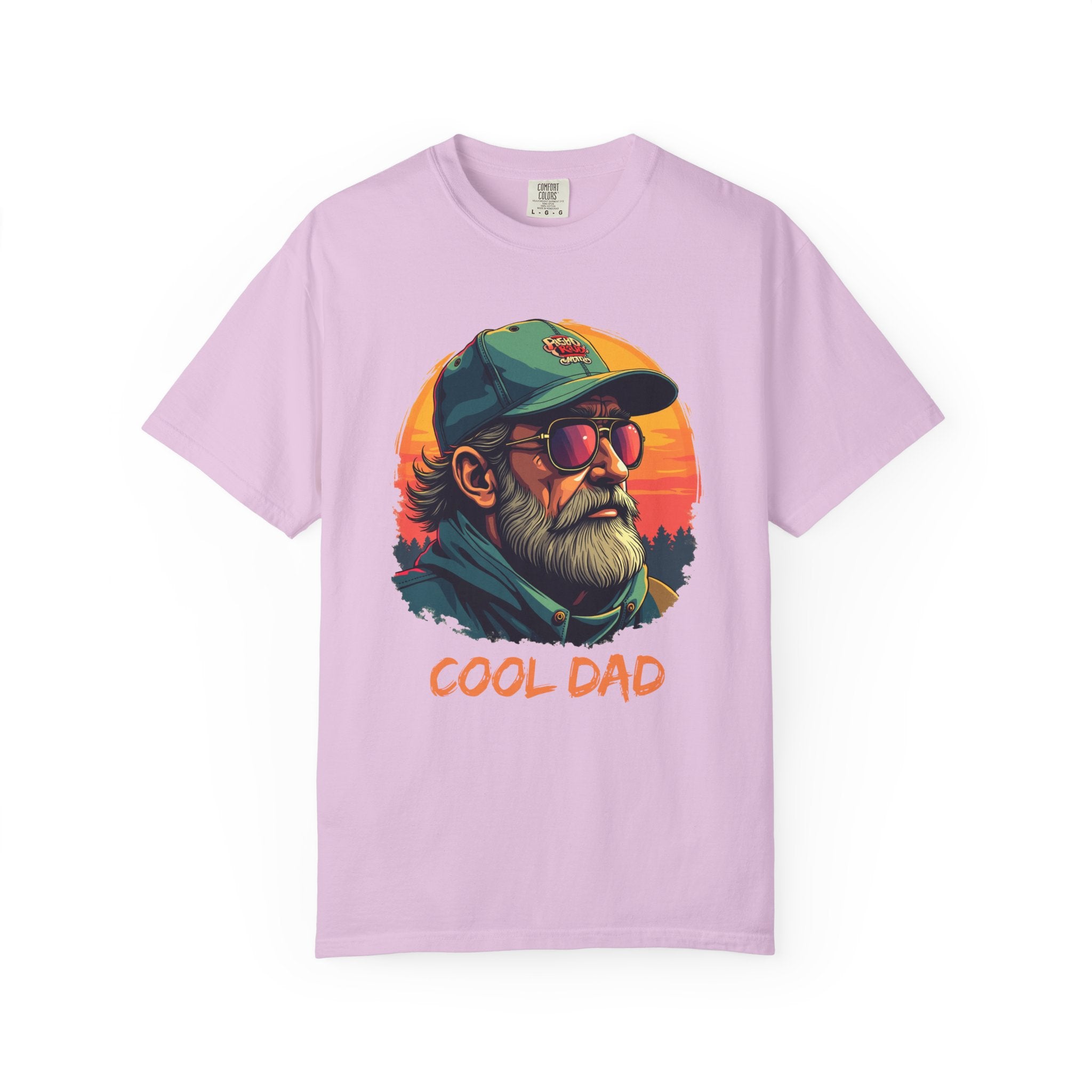 Pink t-shirt with 'Cool Dad' graphic design featuring a man with sunglasses and a cap on a white background