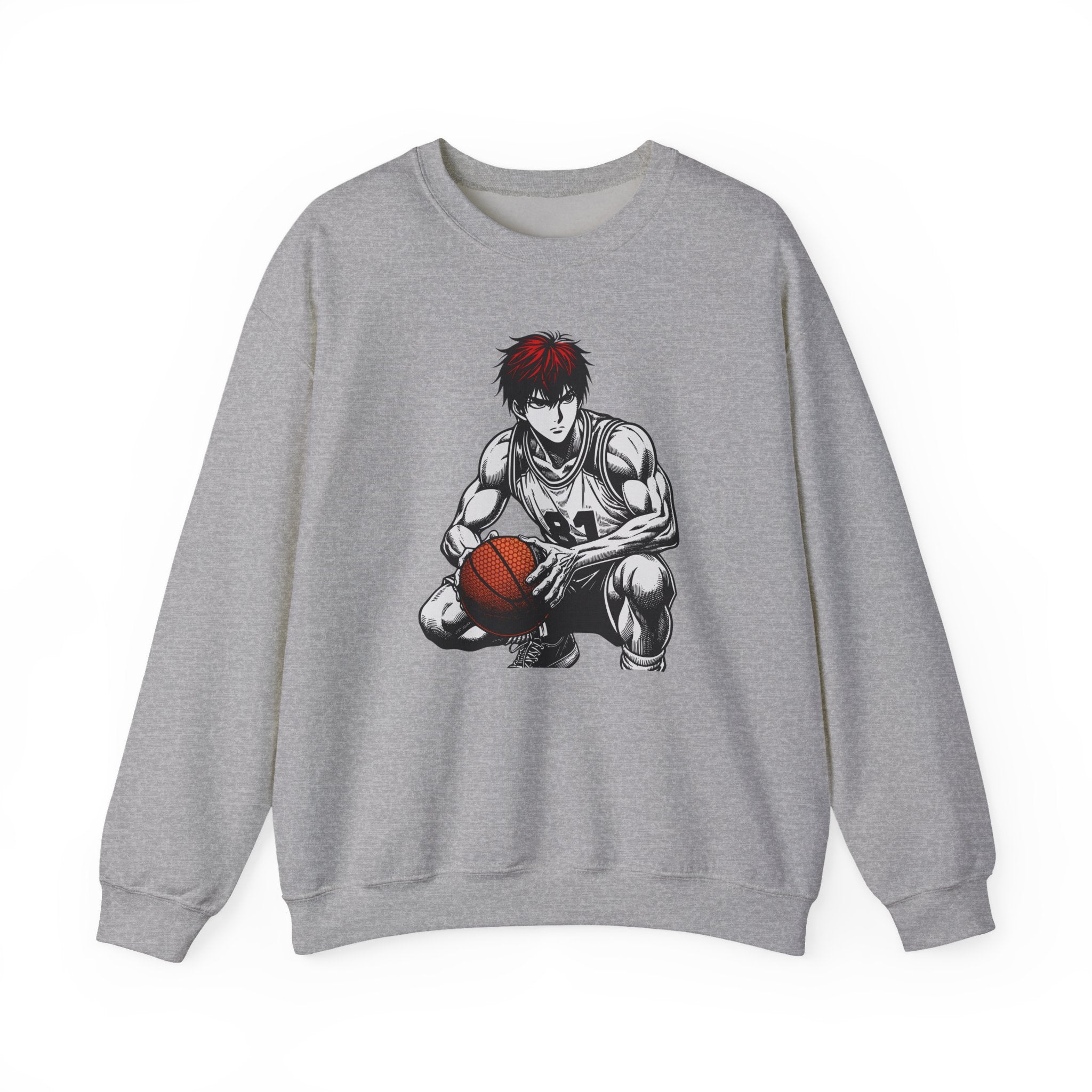Gray sweatshirt with an anime-style graphic of a character holding a basketball on a white background