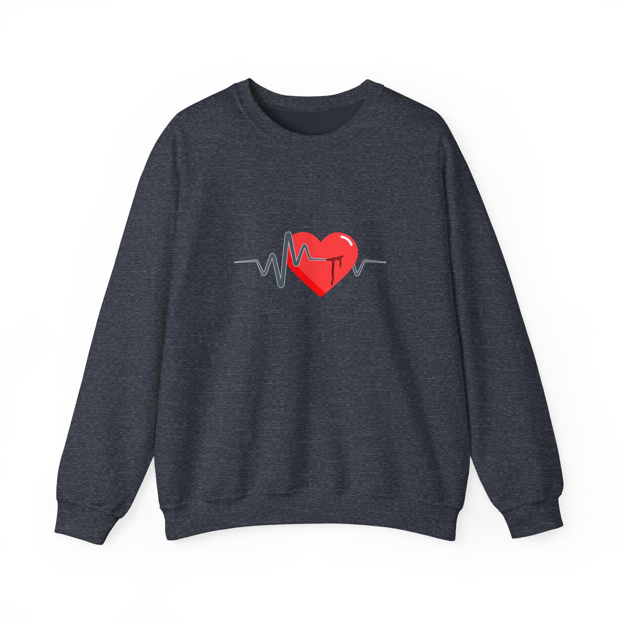 Dark gray sweatshirt with a red heart and heartbeat line design on a white background