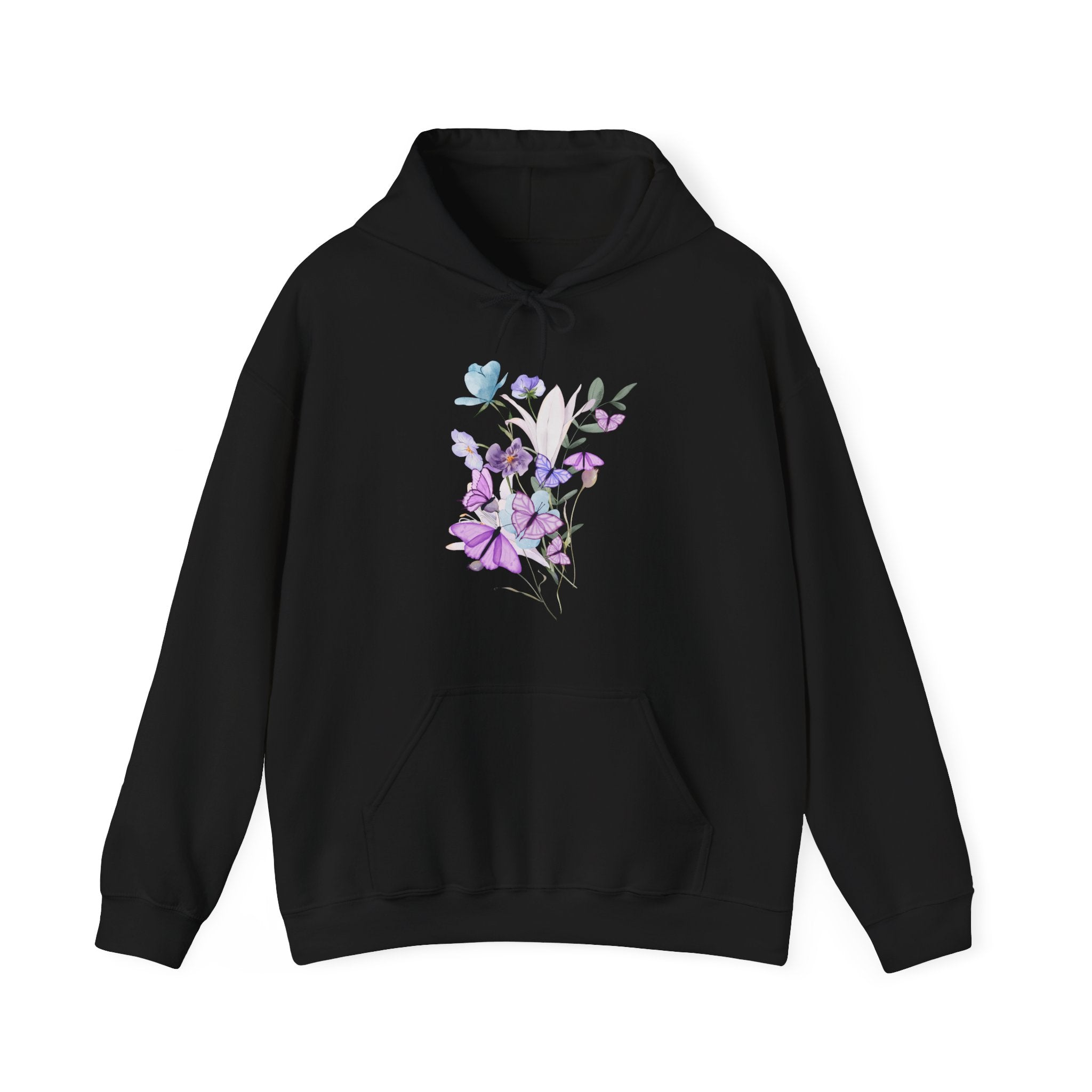 Black hoodie with floral design on a white background