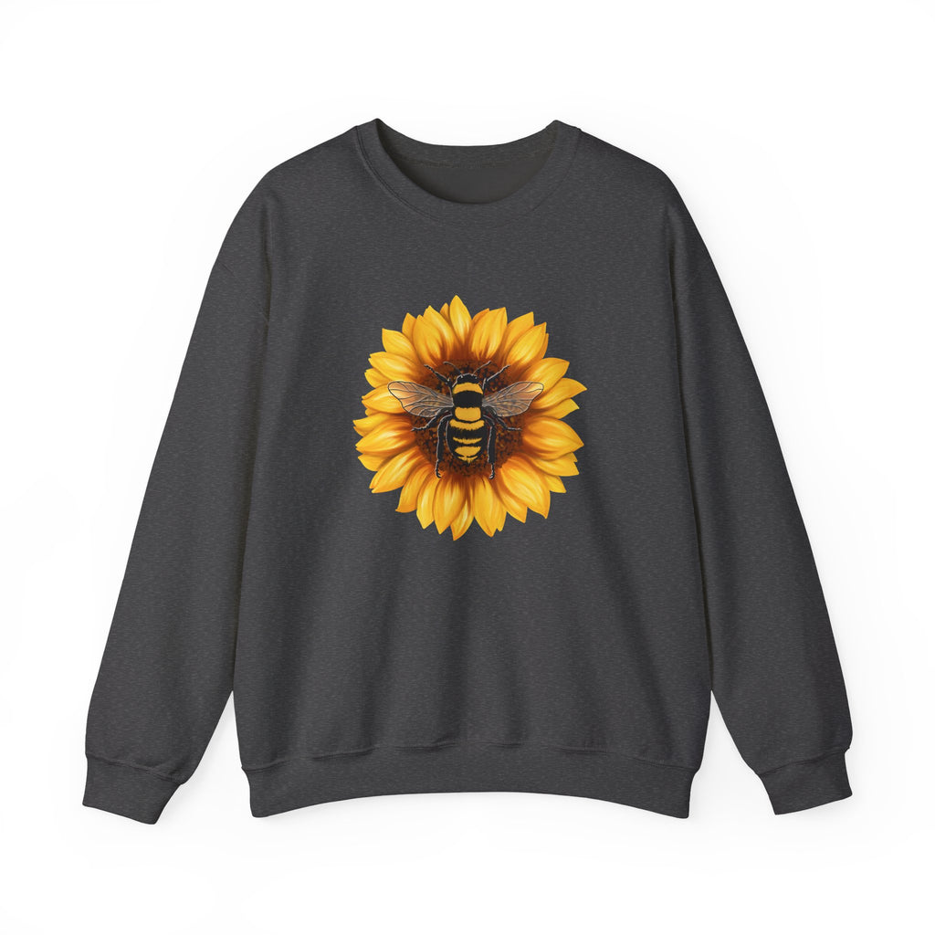 Black sweatshirt with a sunflower and bee design on a white background
