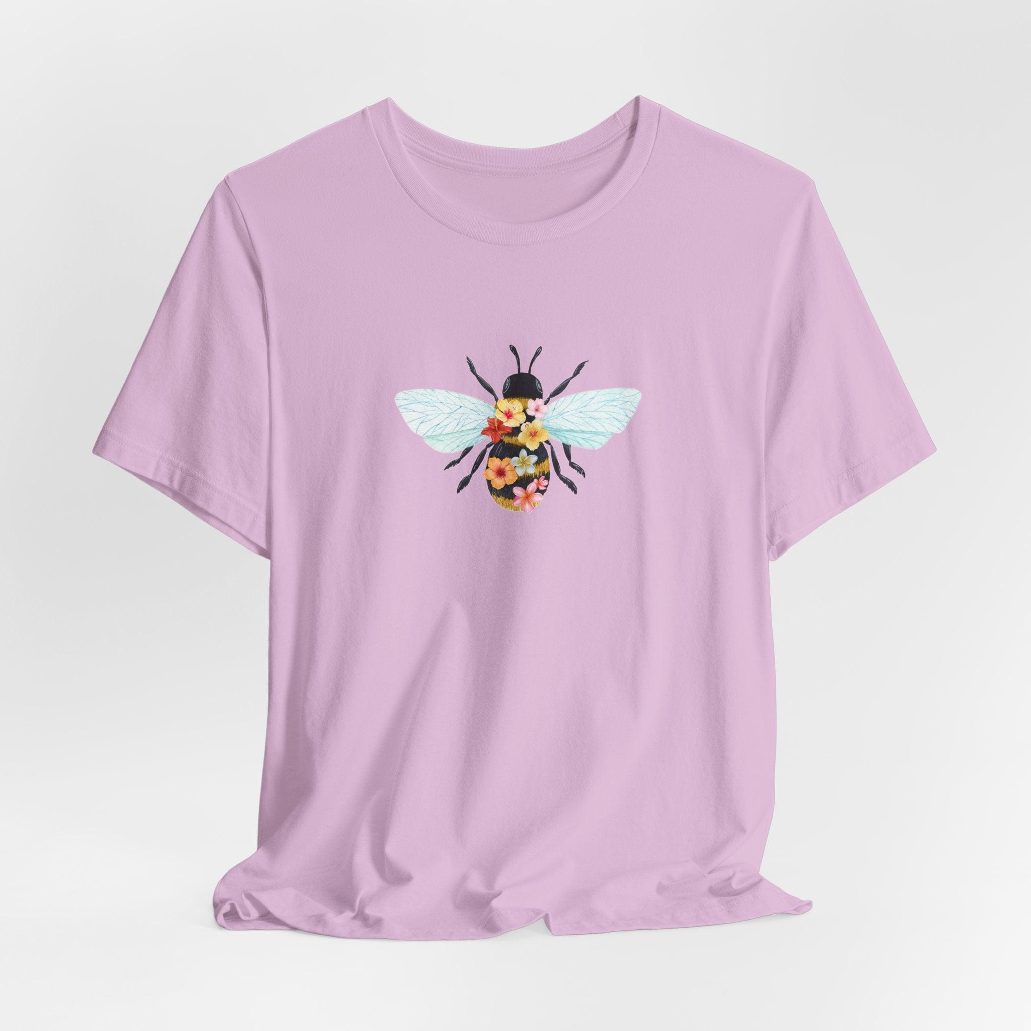 Lavender t-shirt with a bee graphic on a light gray background