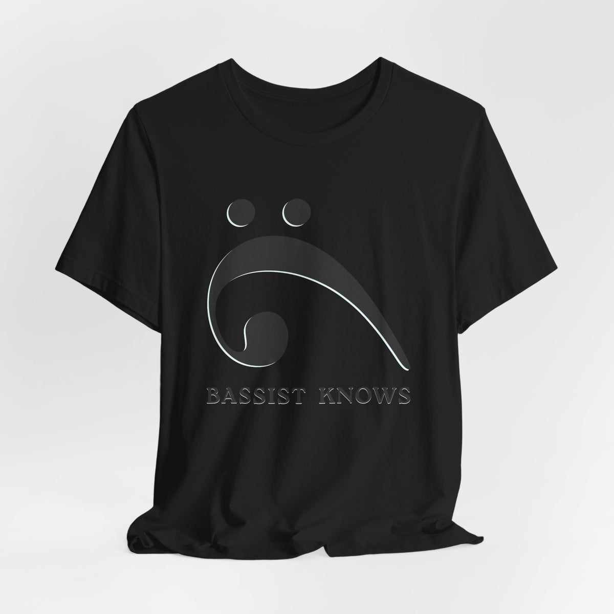 Black t-shirt with black bass clef and 'Bassist Knows' text on a light gray background