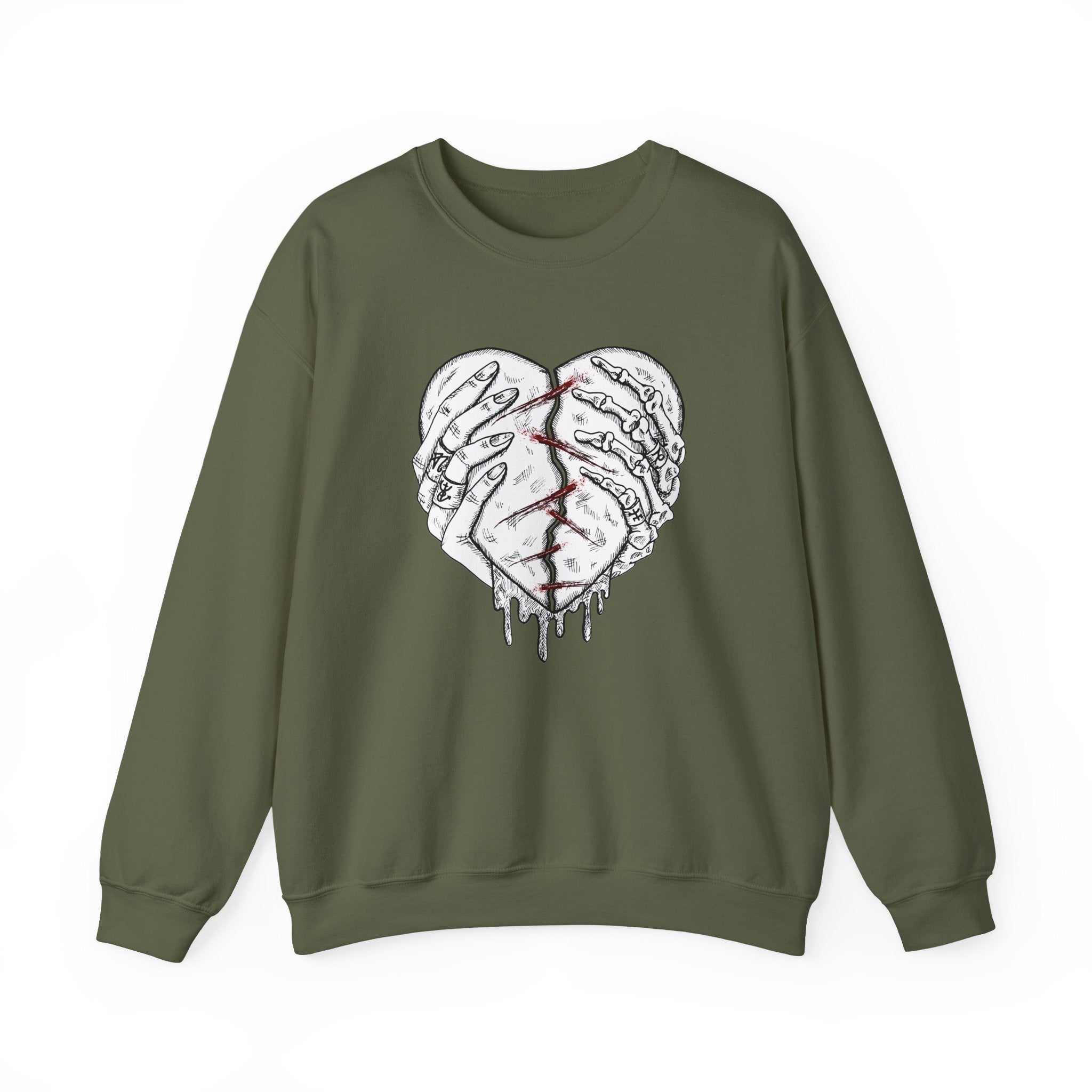 Green sweatshirt with a graphic design of a heart on a white background