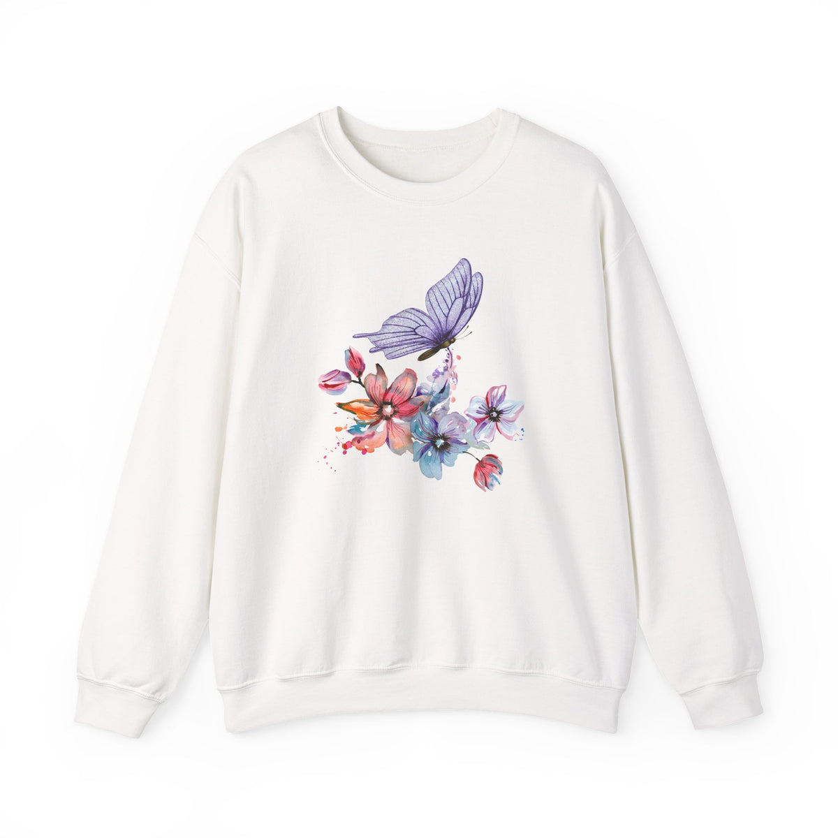 White sweatshirt with colorful floral and butterfly design on a white background