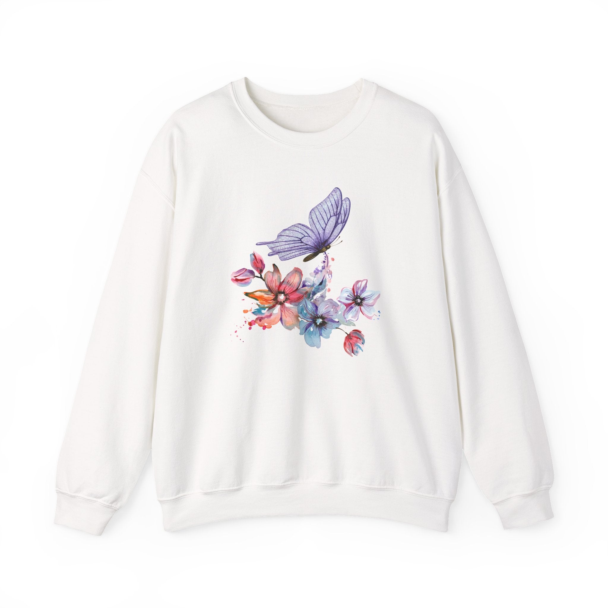 White sweatshirt with colorful floral and butterfly design on a white background