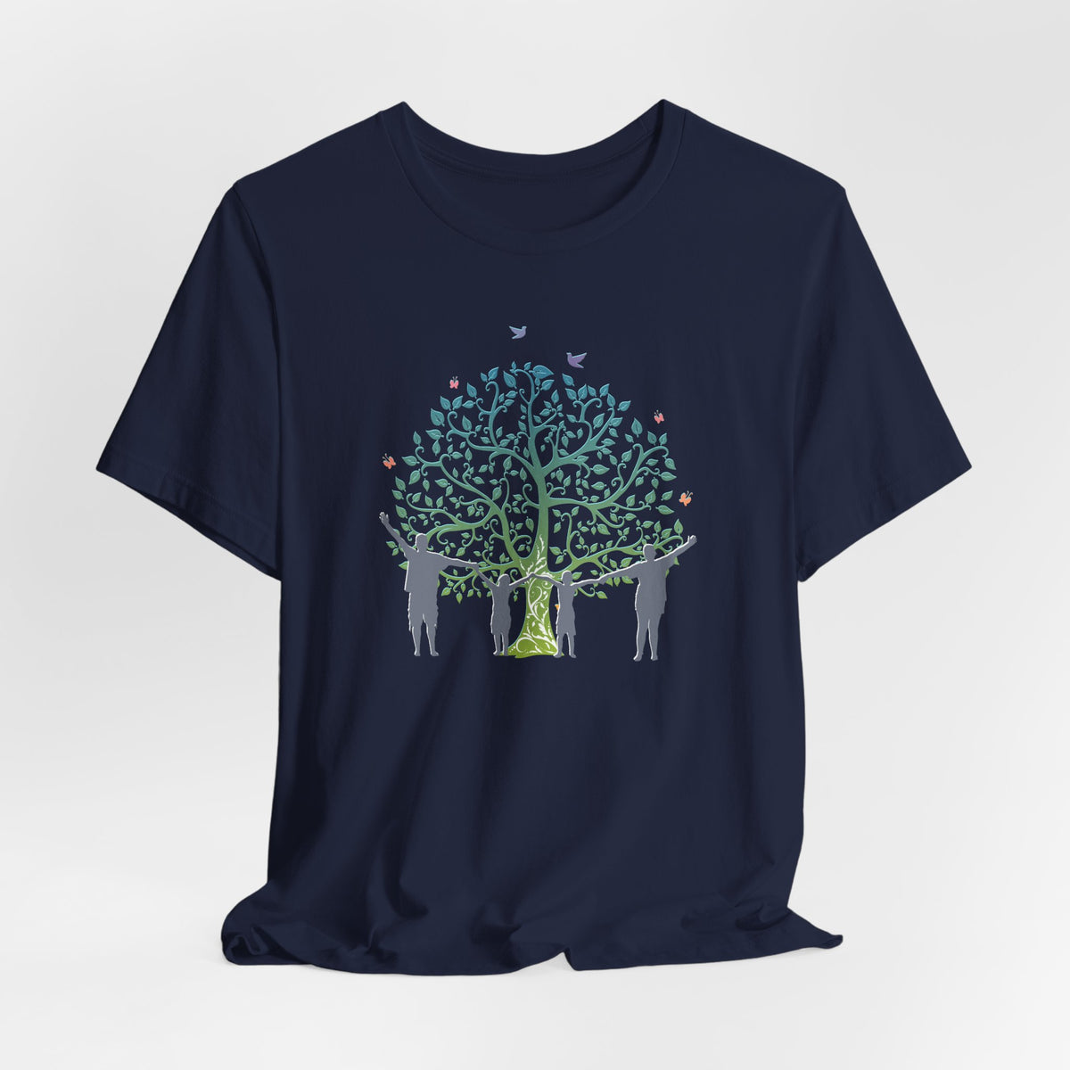 Navy blue t-shirt with a graphic of people holding hands around a tree on a white background
