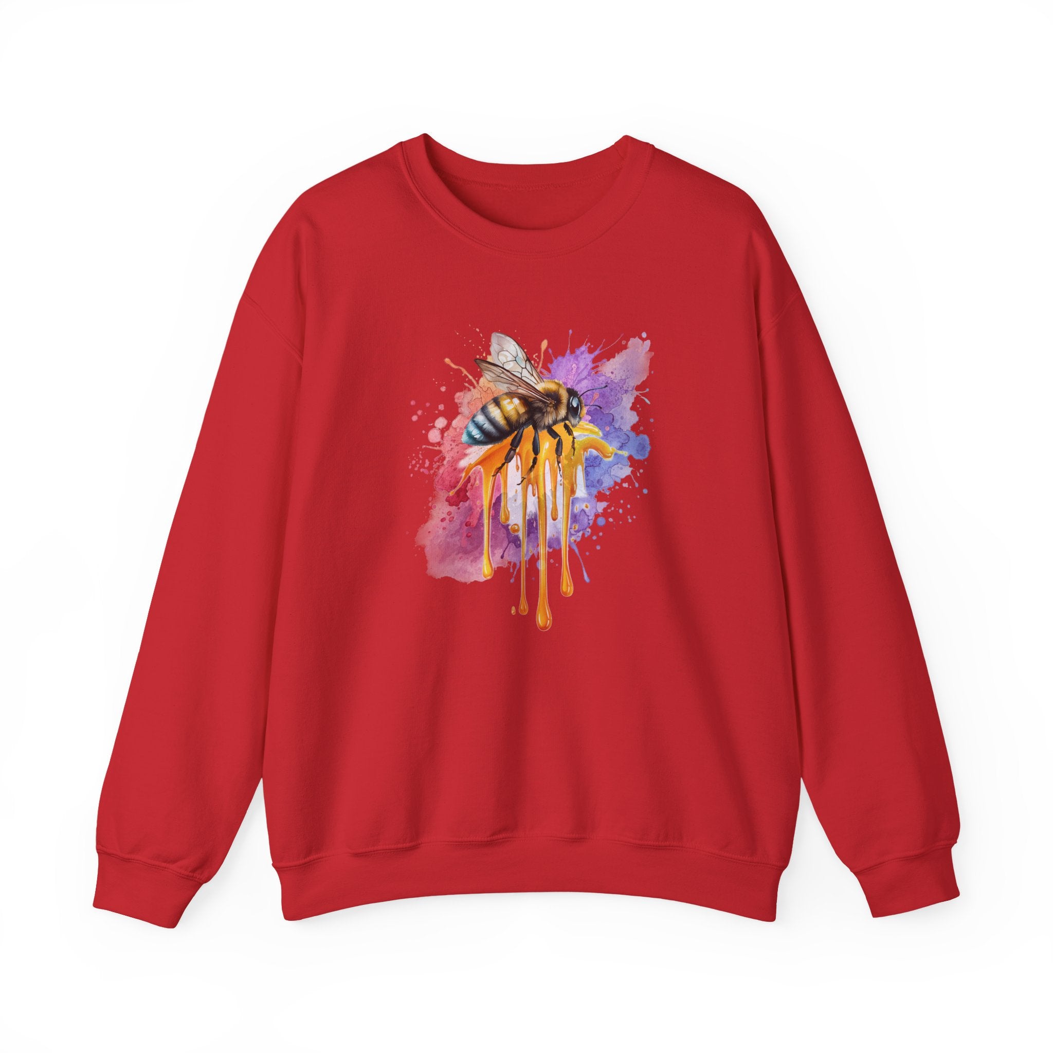 Red sweatshirt with a colorful bee and honey design on a white background