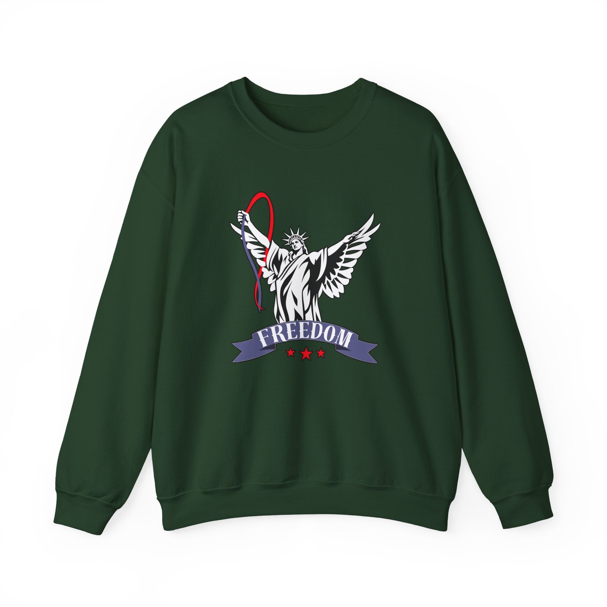 Green sweatshirt with Statue of Liberty graphic and 'Freedom' text on a white background