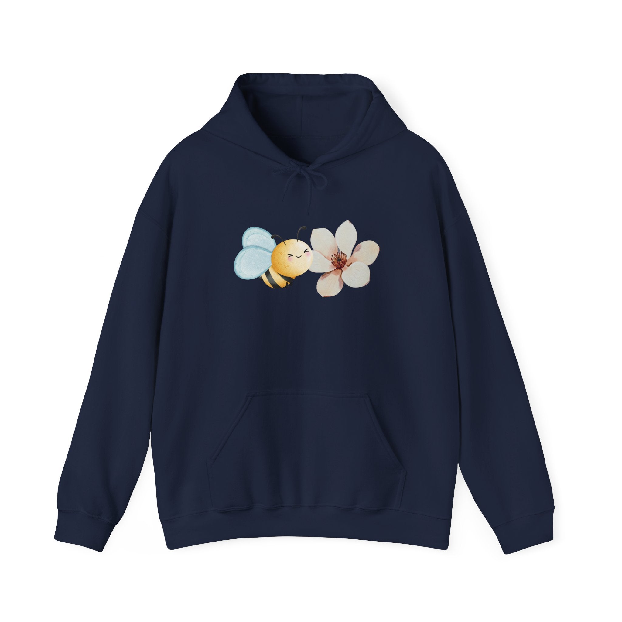 Navy blue hoodie with a flower and bee design on a white background