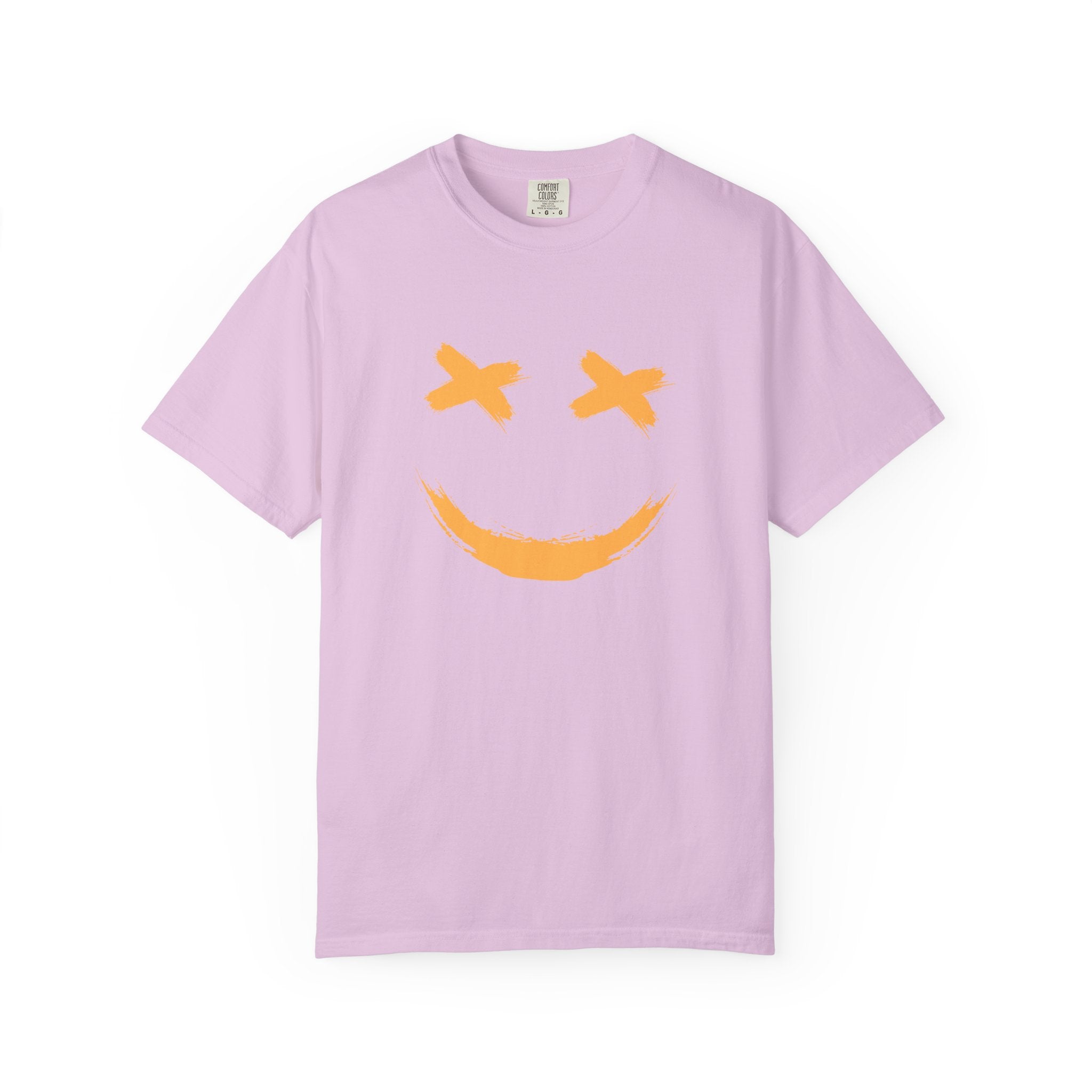 Light purple t-shirt with a smiley face design on a white background