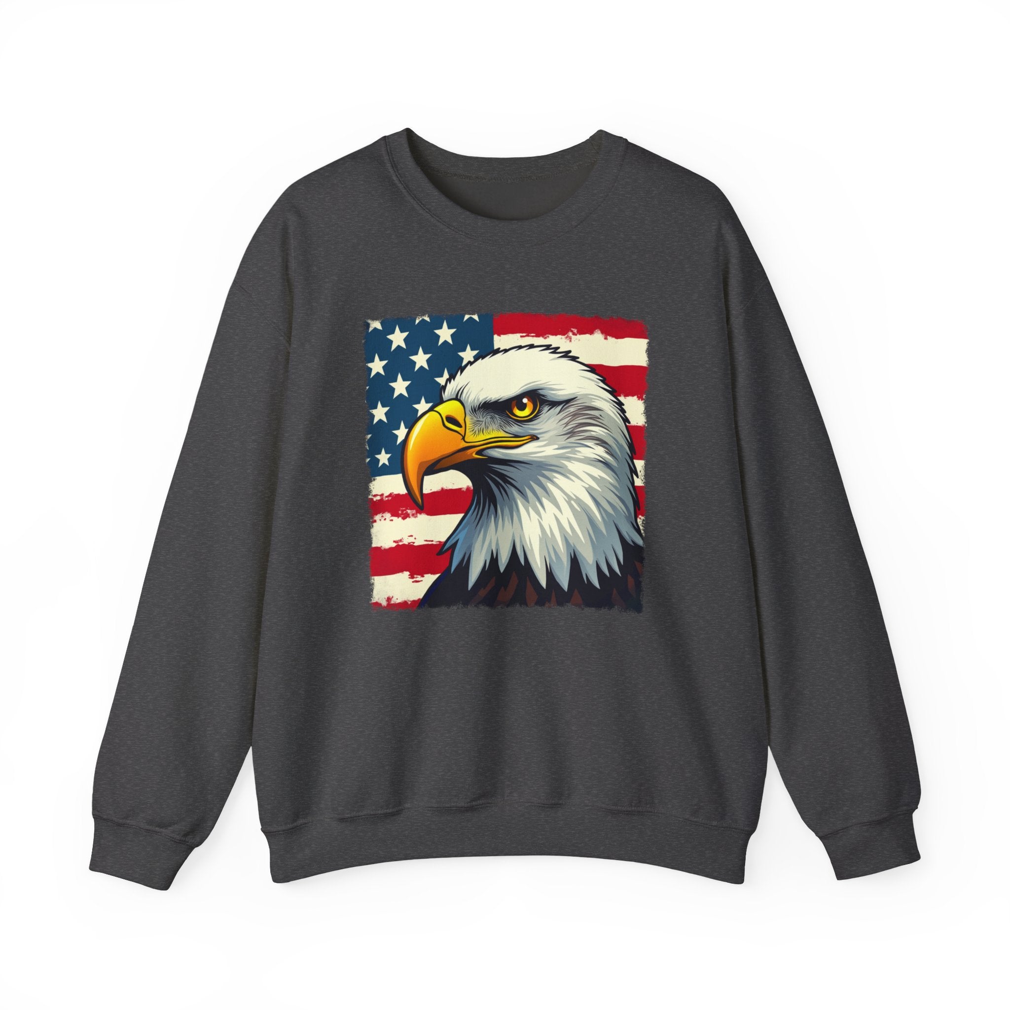 Dark gray sweatshirt with an American flag and bald eagle design on a white background