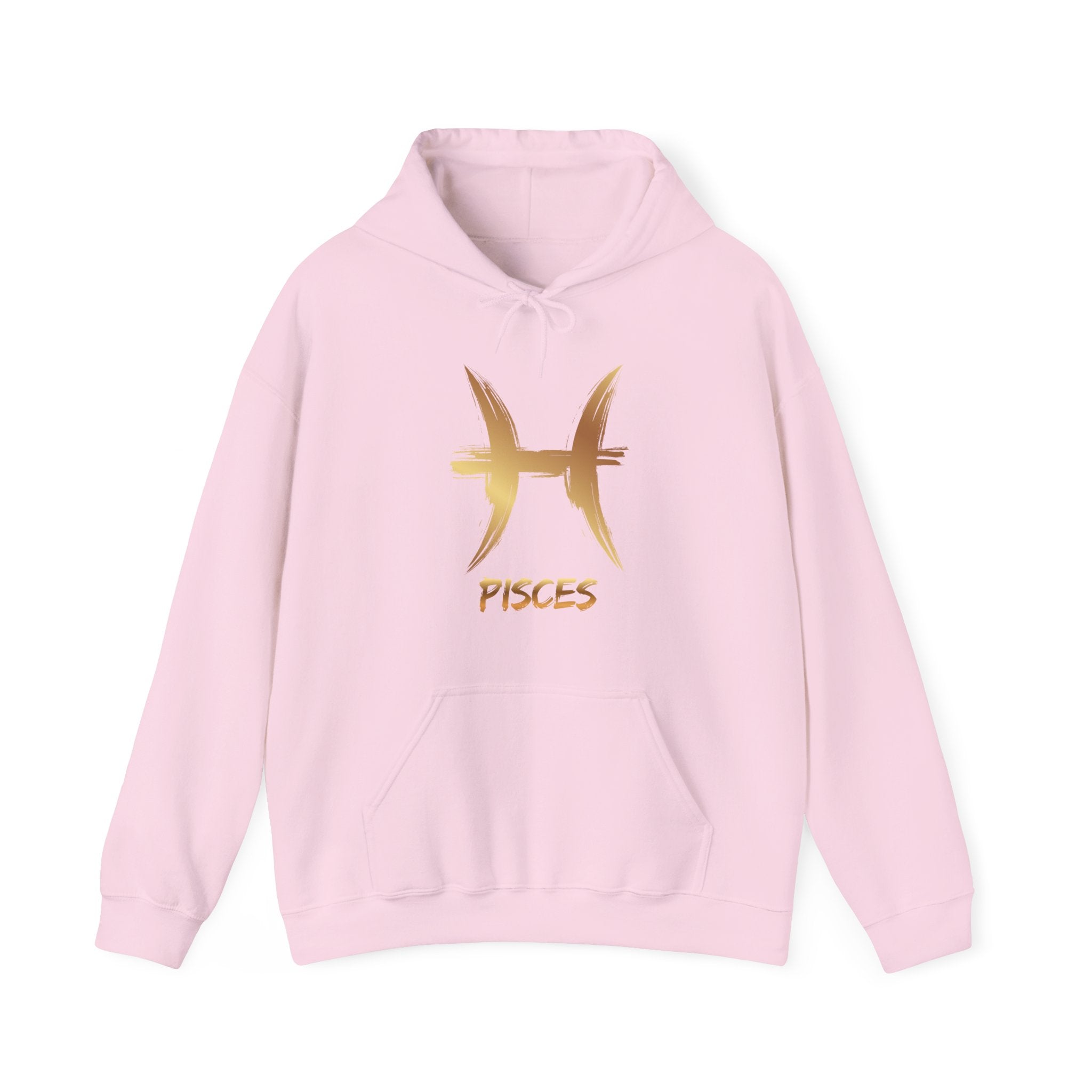Pink hoodie with gold Pisces symbol and text on a white background