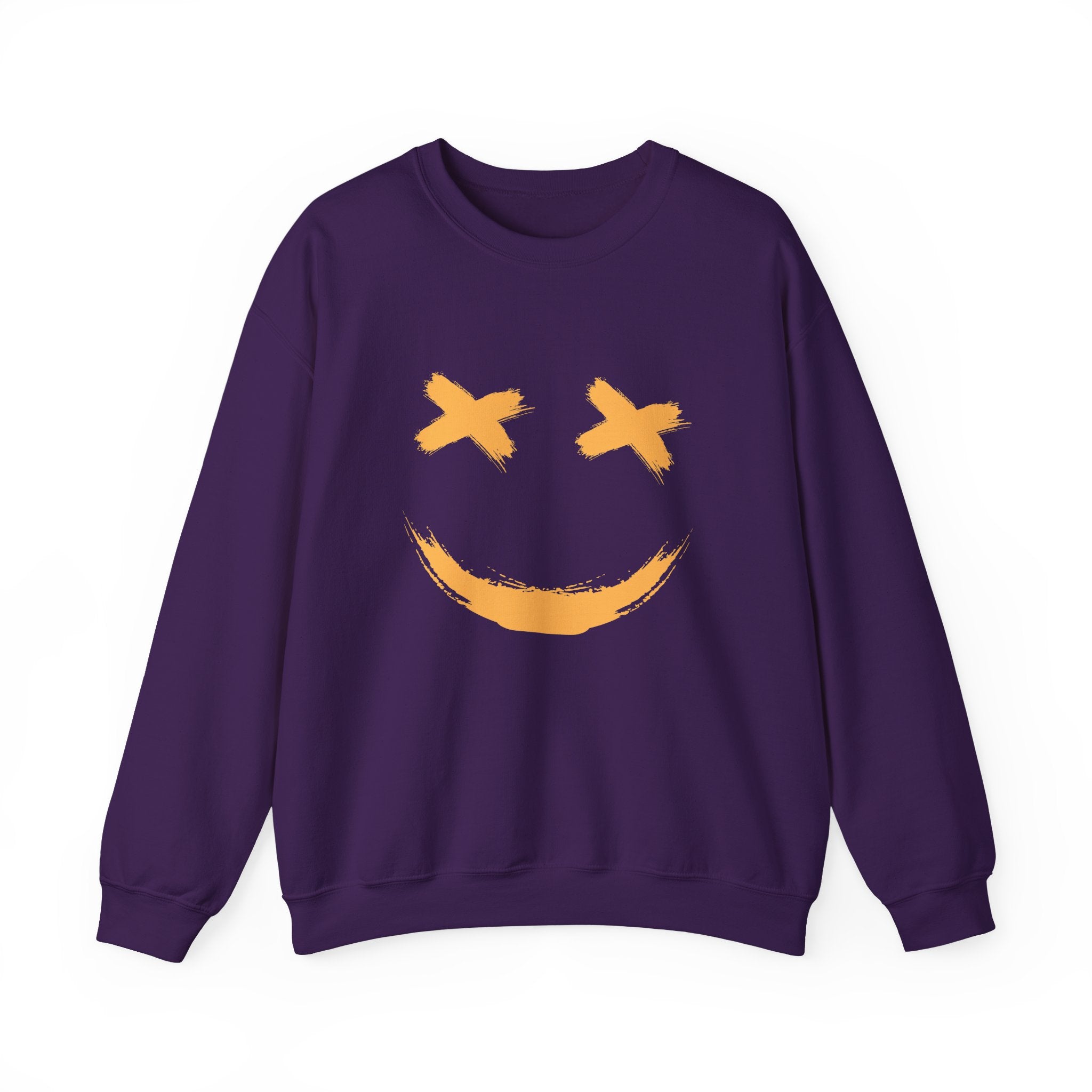 Purple sweatshirt with a yellow smiley face design on a white background