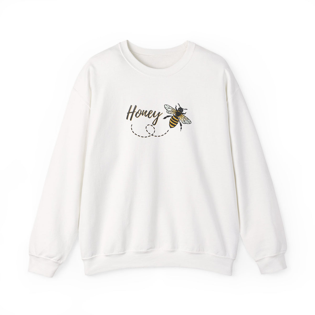 White sweatshirt with bee and 'Honey' design on a white background