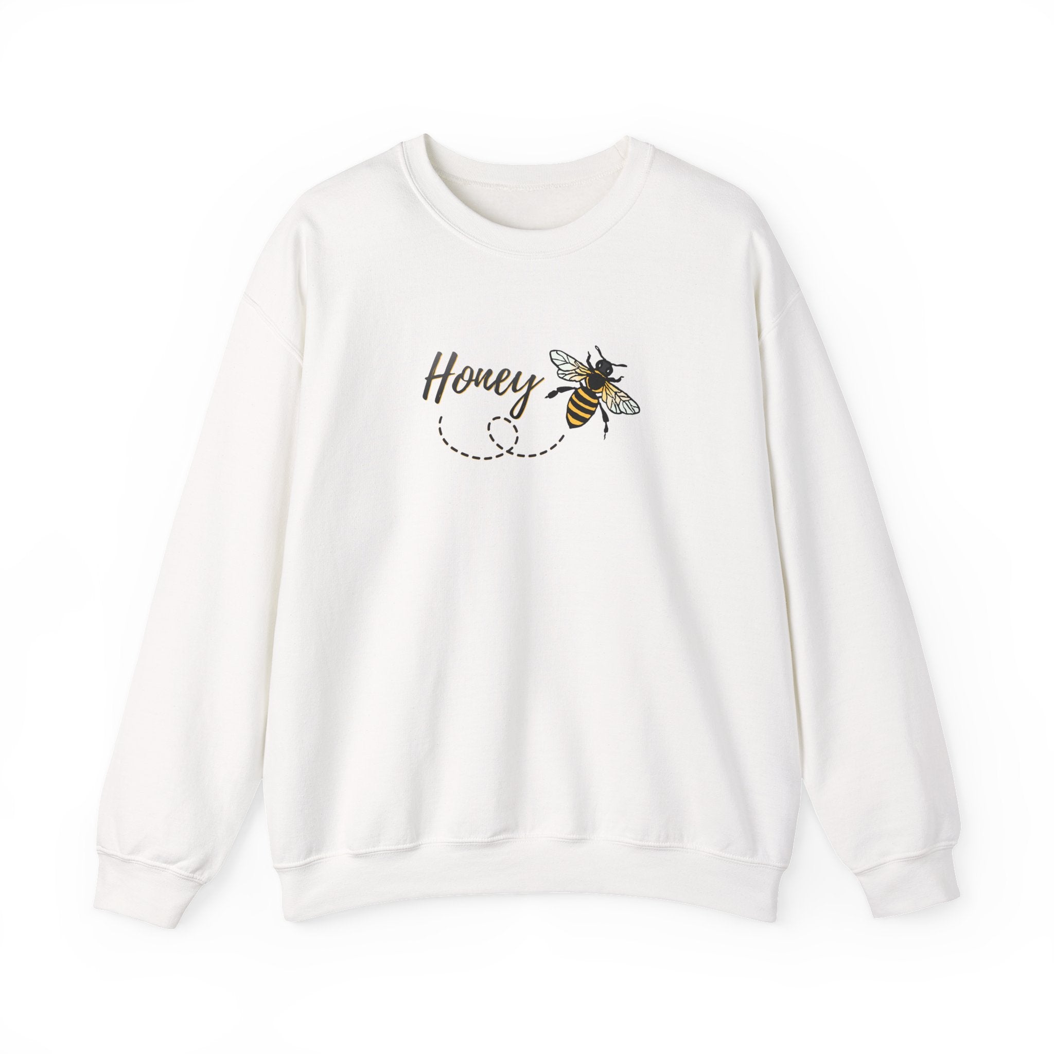 White sweatshirt with bee and 'Honey' design on a white background