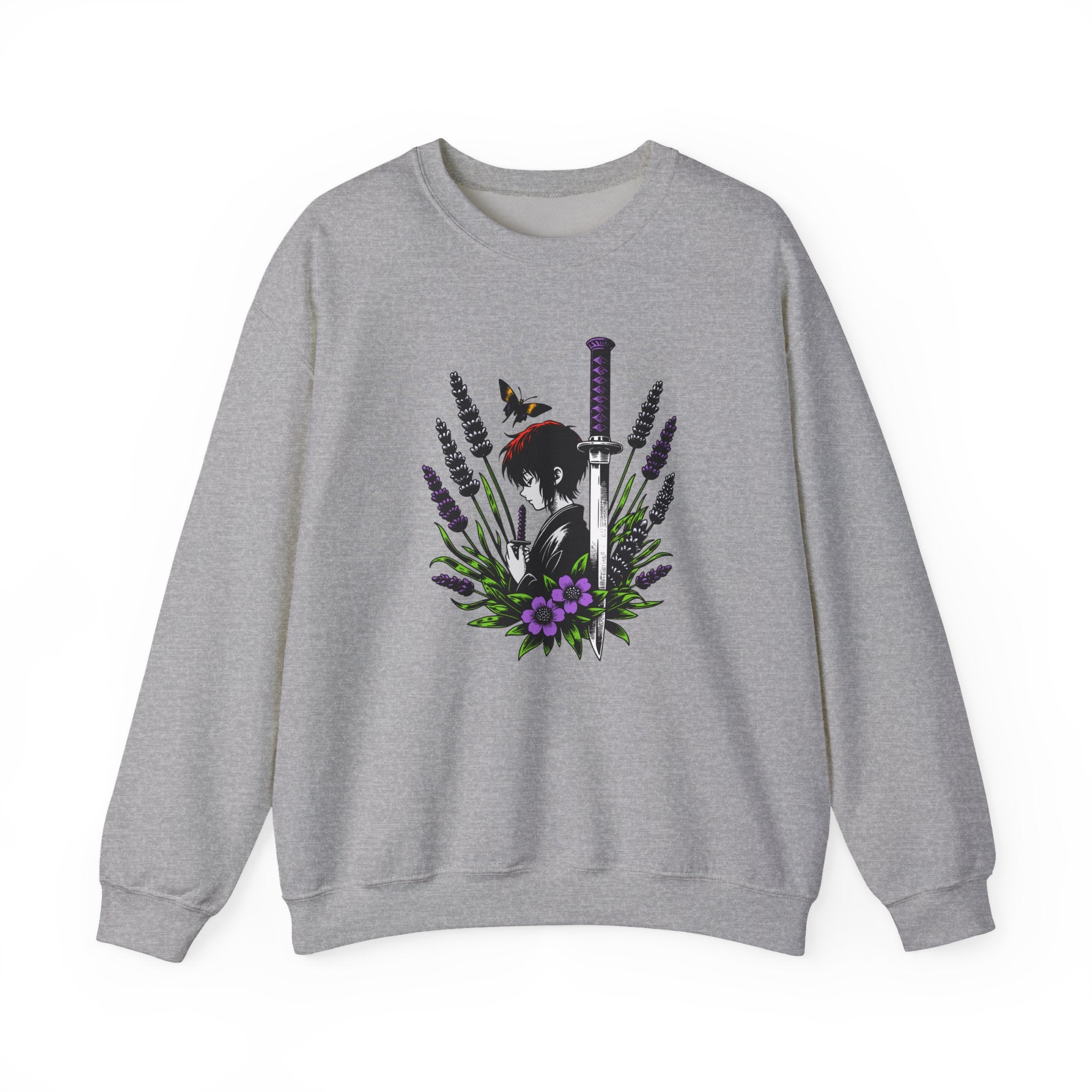 Gray sweatshirt with a manga, butterfly, and sword design on a white background