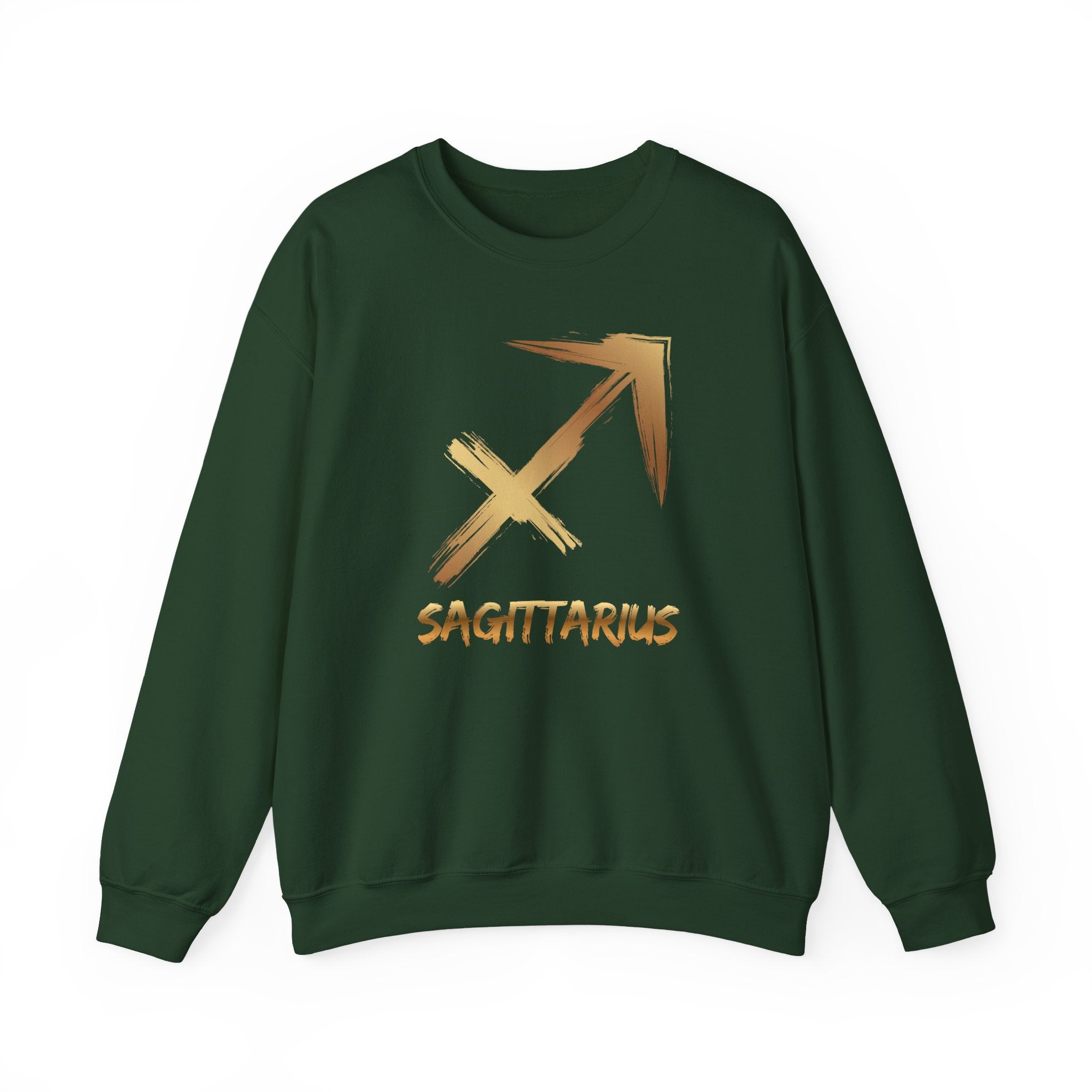 Green sweatshirt with Sagittarius symbol and text on a white background