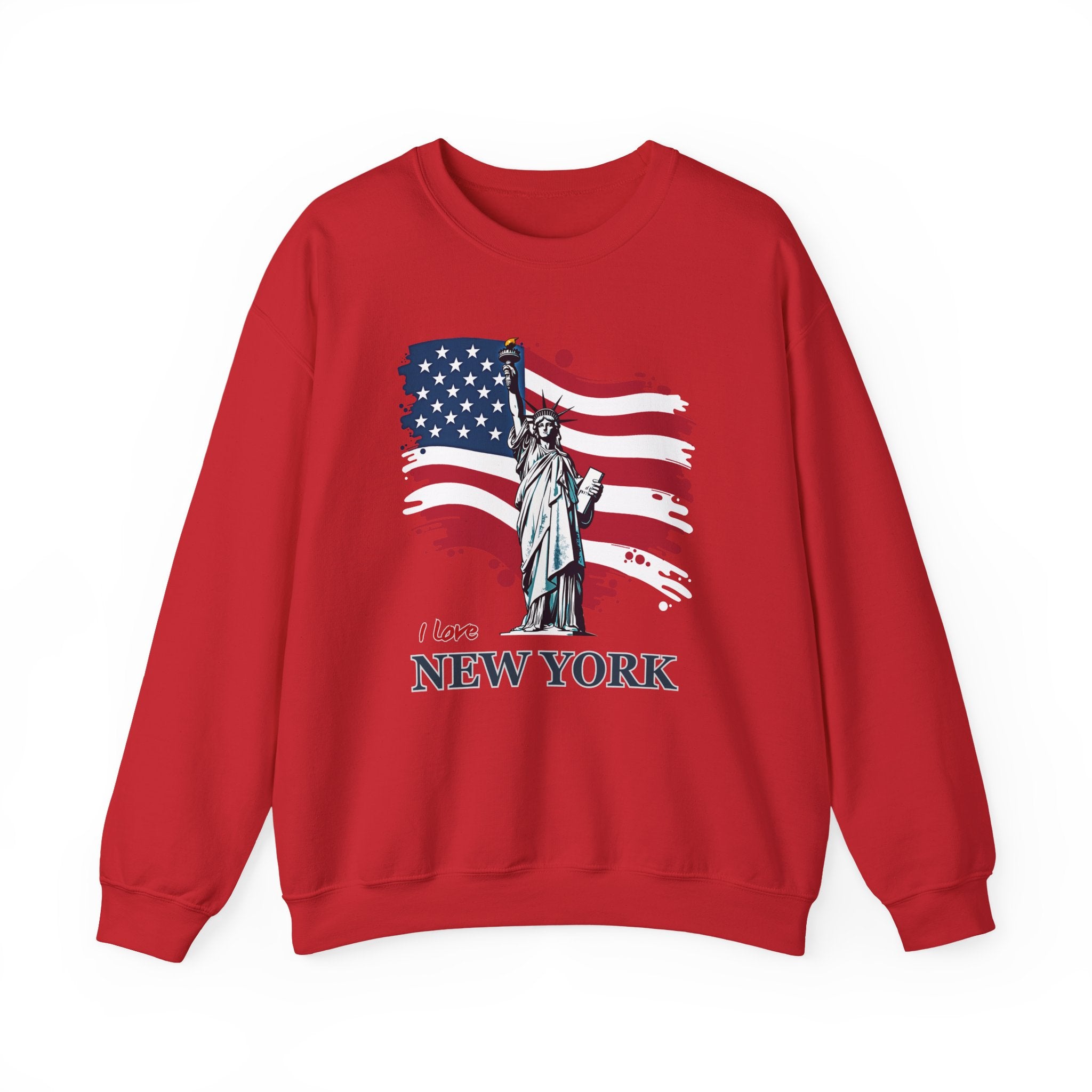 Red sweatshirt with American flag and Statue of Liberty design on a white background
