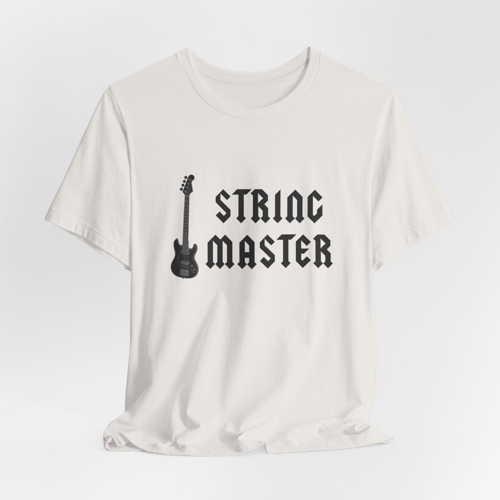 White t-shirt with 'String Master' text and guitar graphic on a light gray background