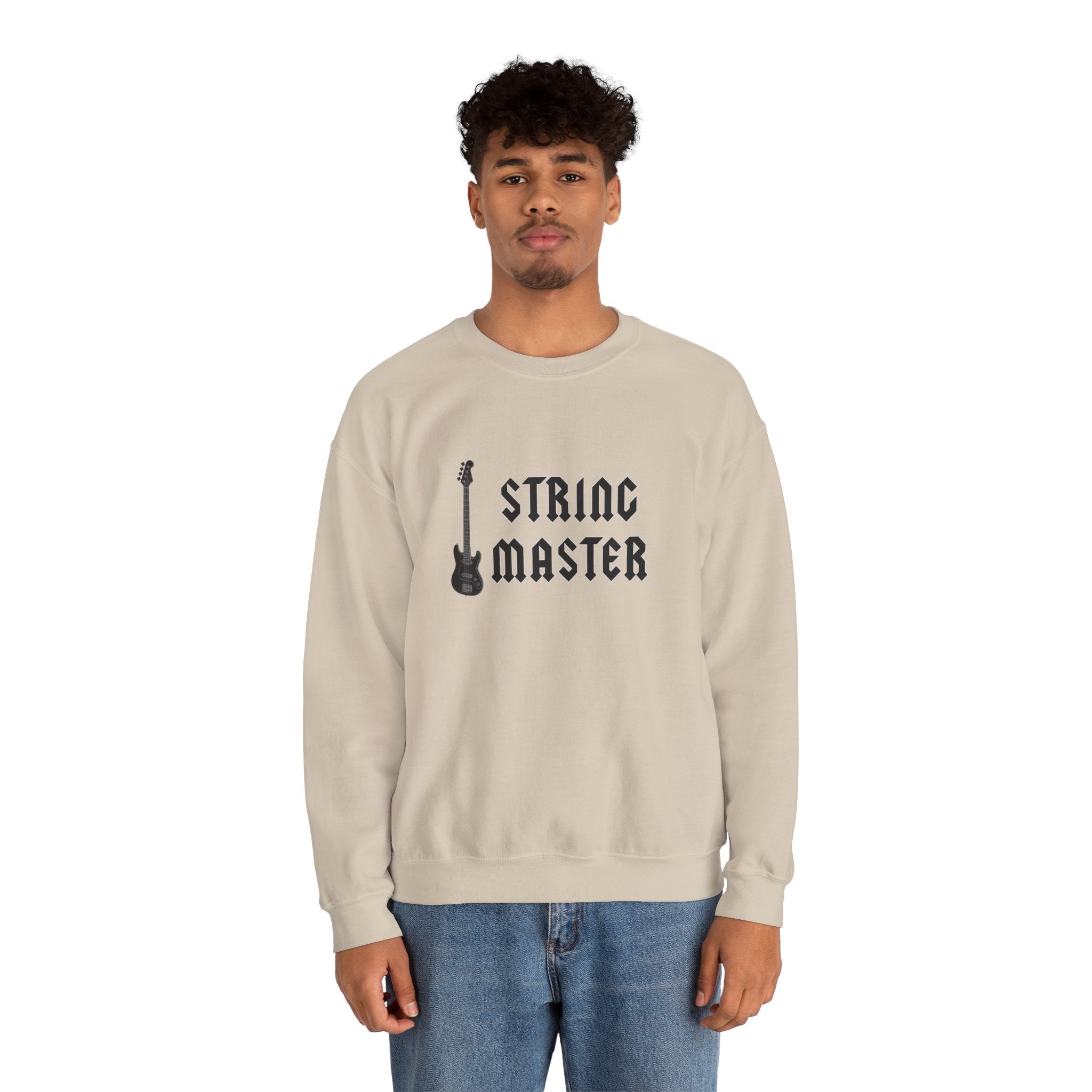 Person wearing a beige sweatshirt with 'String Master' text and guitar graphic on a white background