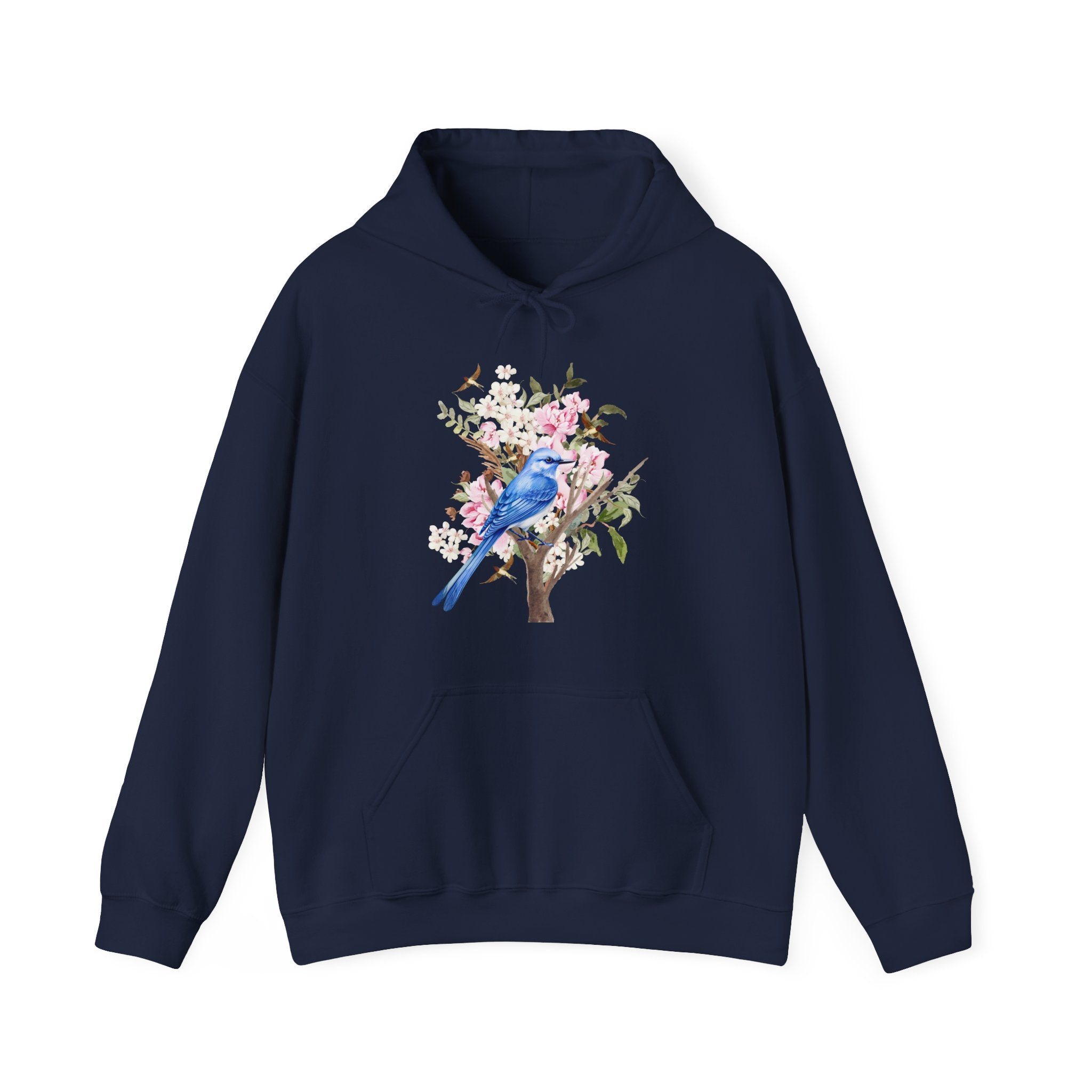 Navy blue hoodie with a floral and bird design on a white background